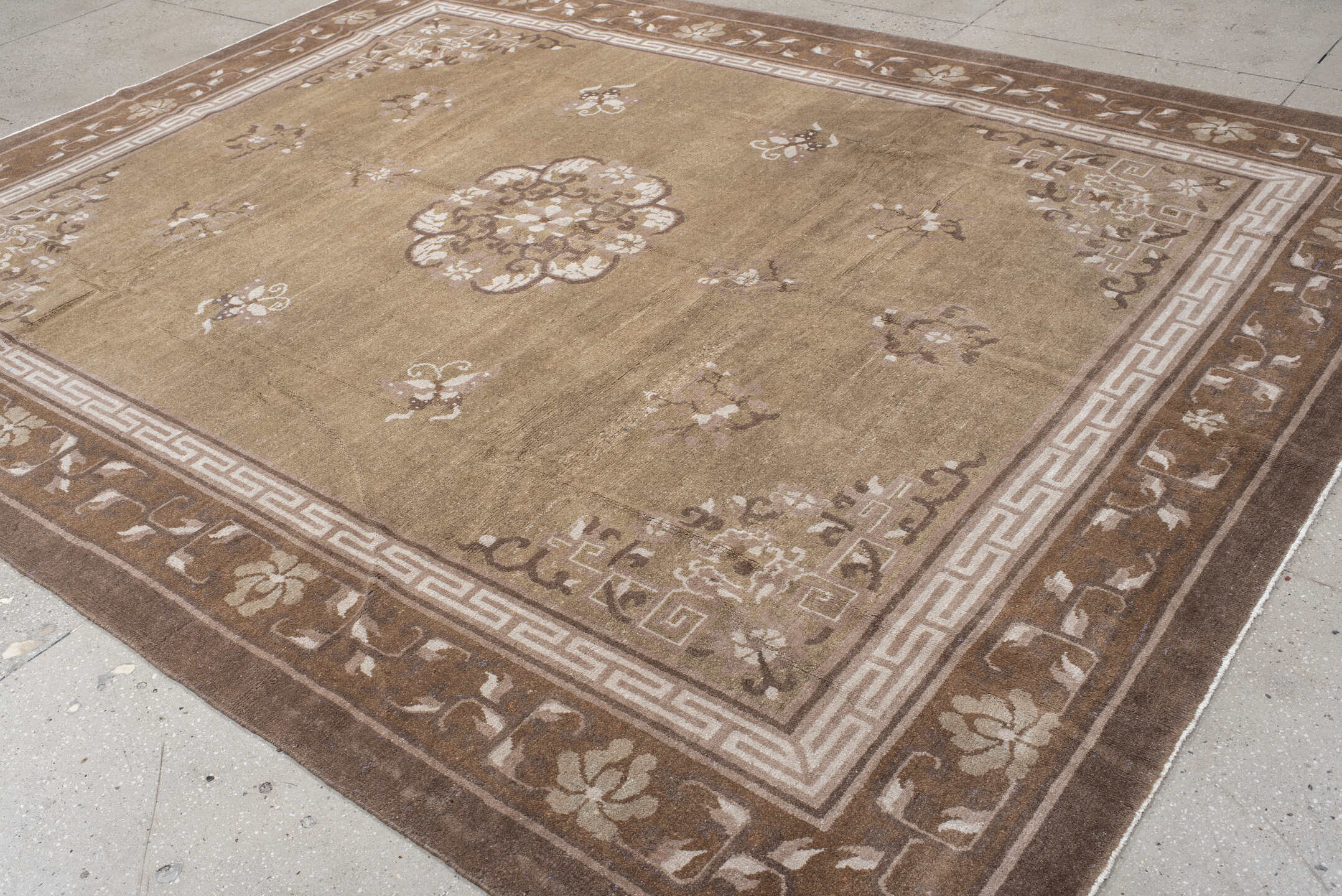 9' x 11' one-of-a-kind handmade antique Chinese large size rug. Color palette: taupe, camel, ivory, rose, brown, sage, beige
