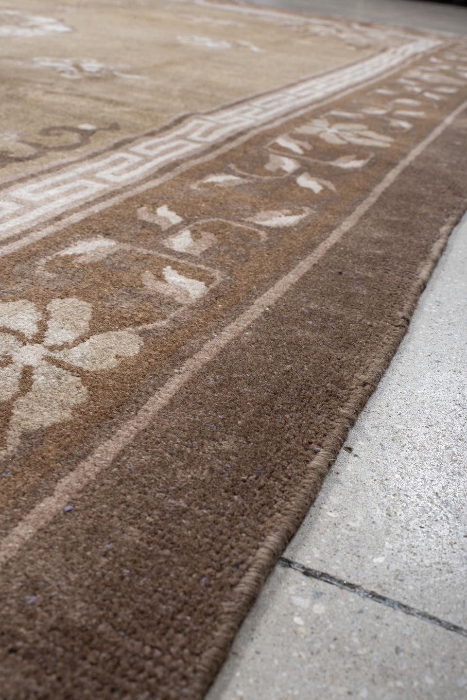 9' x 11' one-of-a-kind handmade antique Chinese large size rug. Color palette: taupe, camel, ivory, rose, brown, sage, beige
