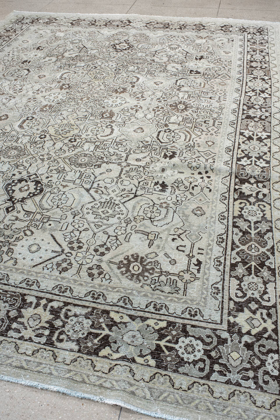 9' x 12' one-of-a-kind handmade antique Mahal large size rug. Color palette: ivory, taupe, charcoal, brown, stone, beige