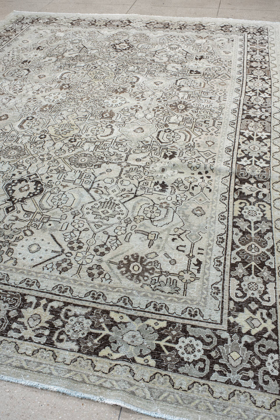9' x 12' one-of-a-kind handmade antique Mahal large size rug. Color palette: ivory, taupe, charcoal, brown, stone, beige
