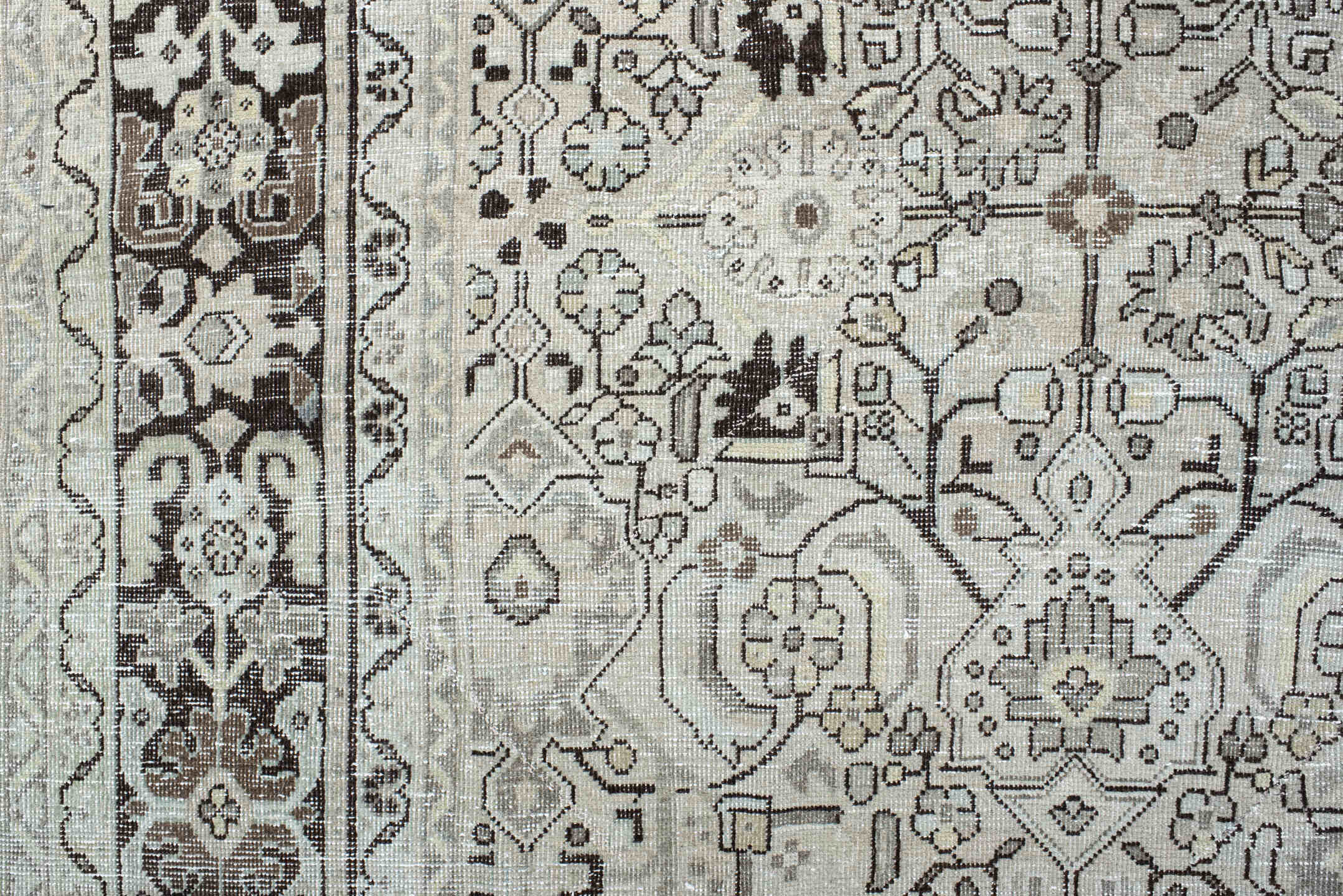 9' x 12' one-of-a-kind handmade antique Mahal large size rug. Color palette: ivory, taupe, charcoal, brown, stone, beige