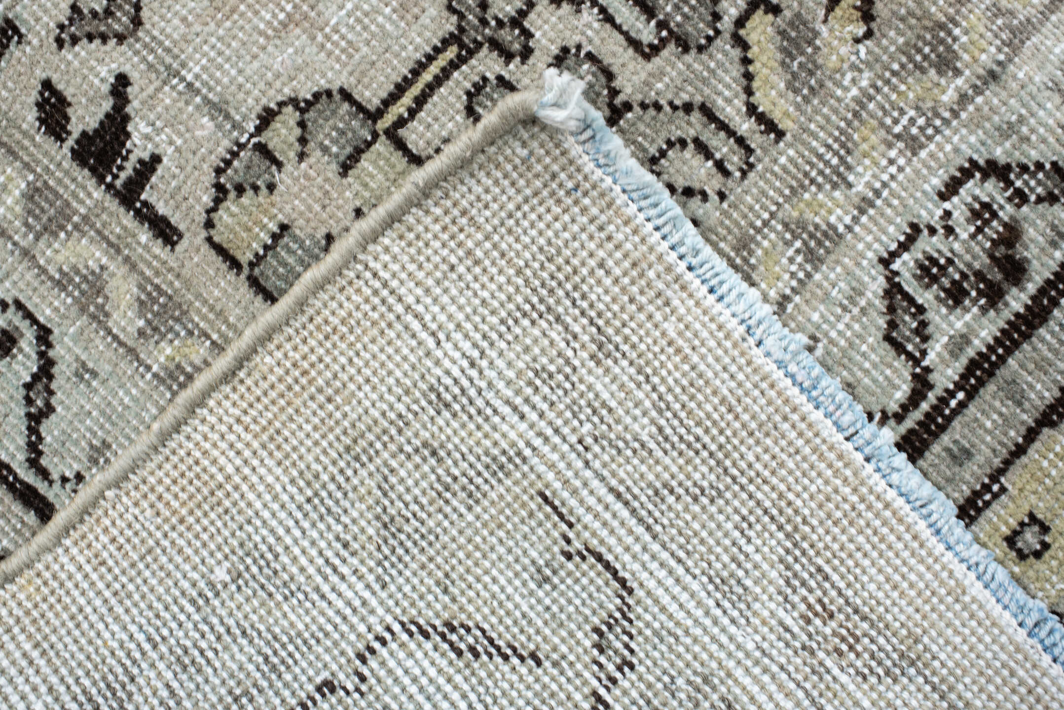 9' x 12' one-of-a-kind handmade vintage Mahal large size rug. Color palette: gray, light gray, off-white, black, dark gray