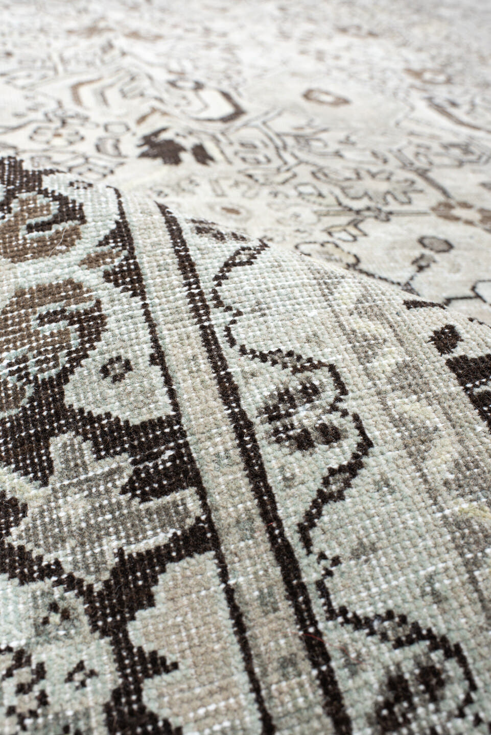 9' x 12' one-of-a-kind handmade antique Mahal large size rug. Color palette: ivory, taupe, charcoal, brown, stone, beige