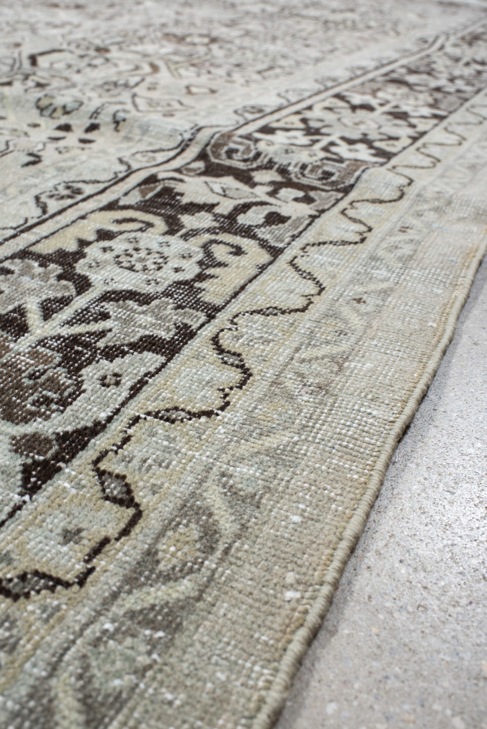 9' x 12' one-of-a-kind handmade antique Mahal large size rug. Color palette: ivory, taupe, charcoal, brown, stone, beige