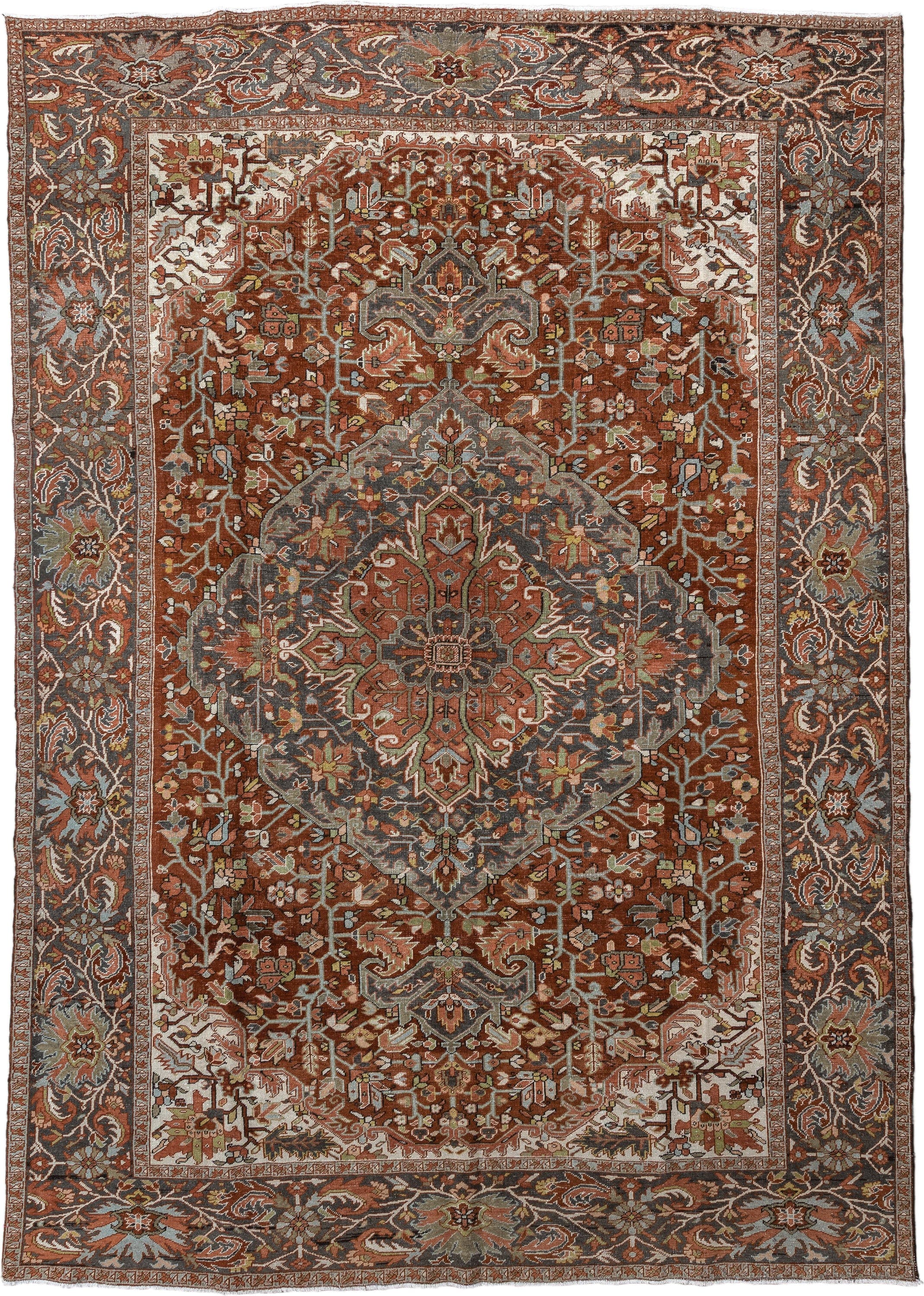 9' x 13' one-of-a-kind handmade vintage Heriz large size rug. Color palette: rust, slate, ivory, terra cotta, sage, charcoal