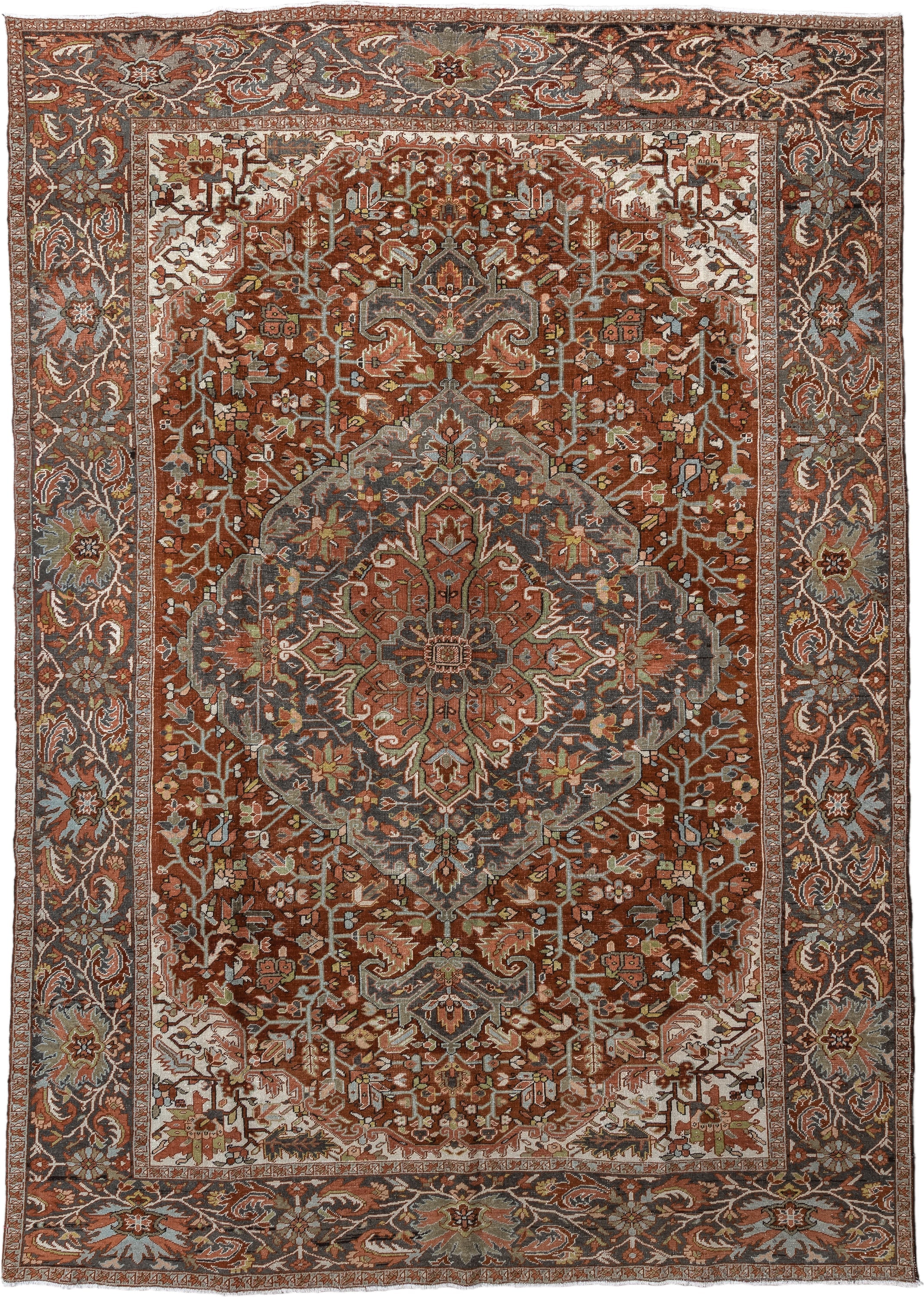 9' x 13' one-of-a-kind handmade vintage Heriz large size rug. Color palette: rust, slate, ivory, terra cotta, sage, charcoal