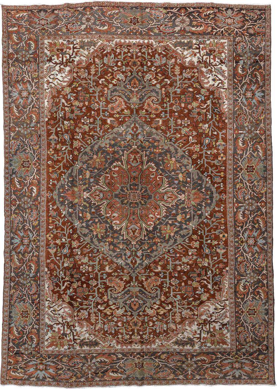 9' x 13' one-of-a-kind handmade vintage Heriz large size rug. Color palette: antiquewhite, brown, dark gray, gray