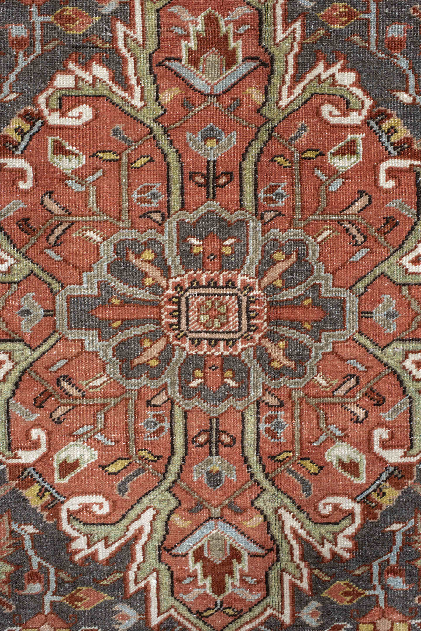 9' x 13' one-of-a-kind handmade vintage Heriz large size rug. Color palette: rust, slate, ivory, terra cotta, sage, charcoal