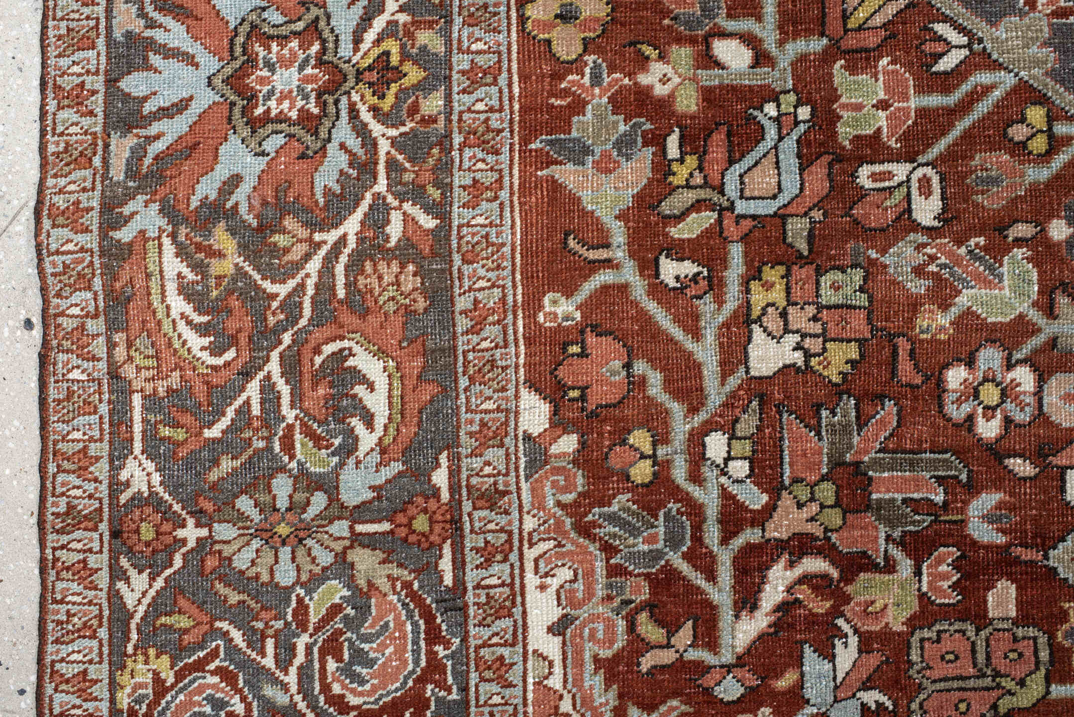 9' x 13' one-of-a-kind handmade vintage Heriz large size rug. Color palette: gray, pink, brown, orange, off-white