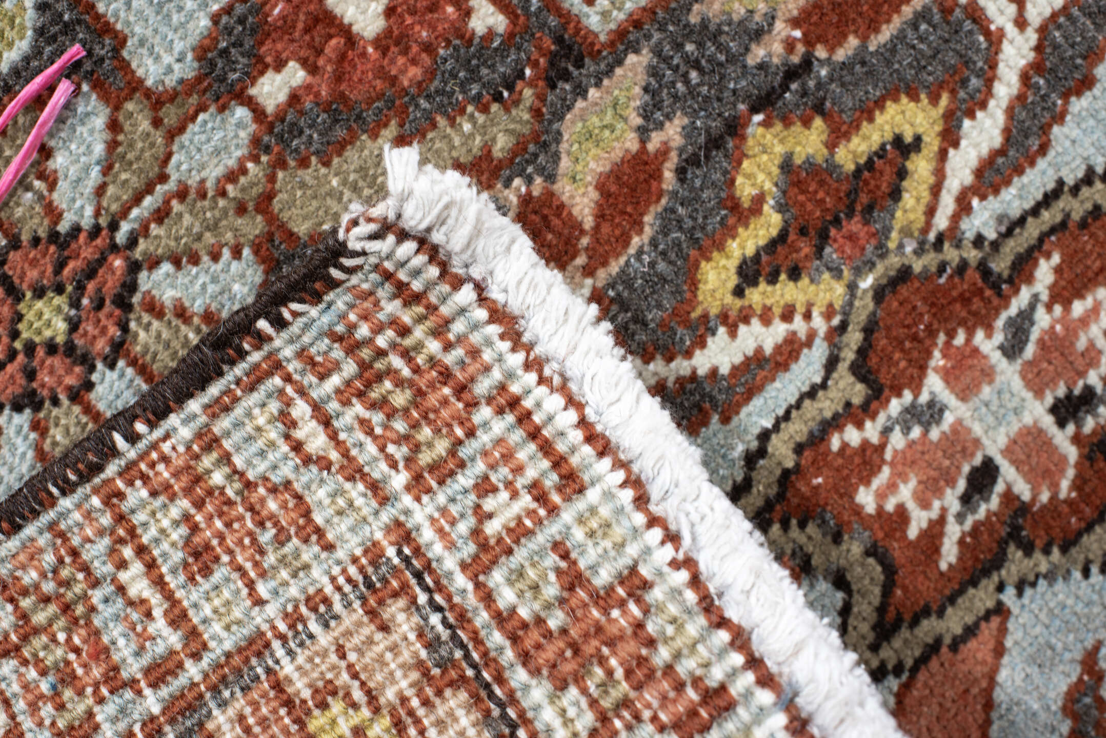 9' x 13' one-of-a-kind handmade vintage Heriz large size rug. Color palette: rust, slate, ivory, terra cotta, sage, charcoal