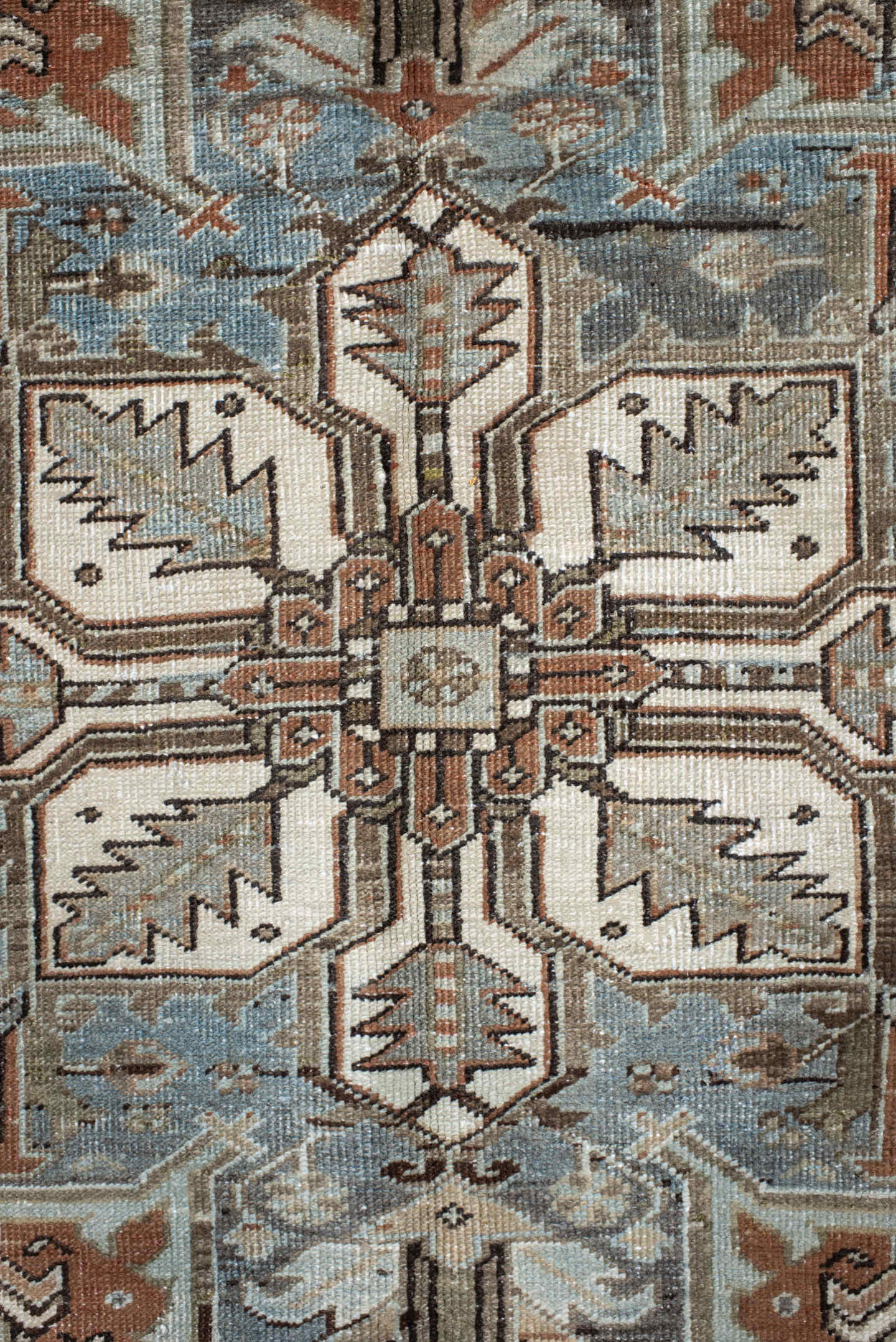 9' x 12' one-of-a-kind handmade vintage Heriz large size rug. Color palette: terra cotta, sky blue, ivory, charcoal, taupe