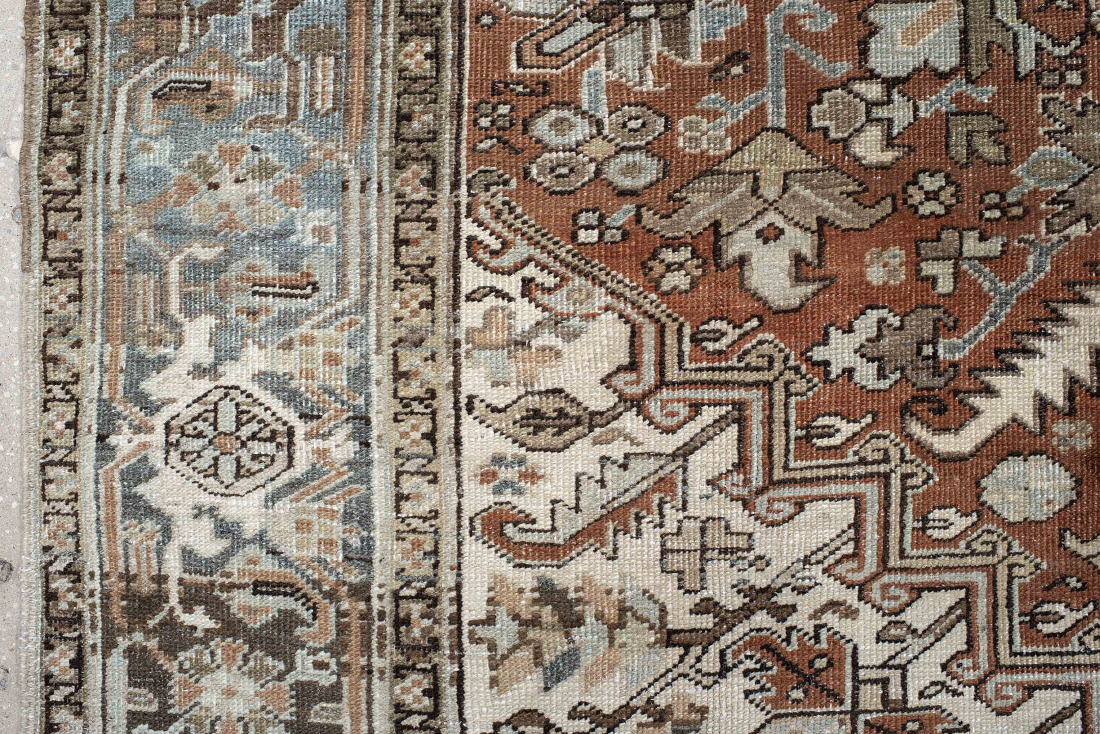 9' x 12' one-of-a-kind handmade vintage Heriz large size rug. Color palette: terra cotta, sky blue, ivory, charcoal, taupe