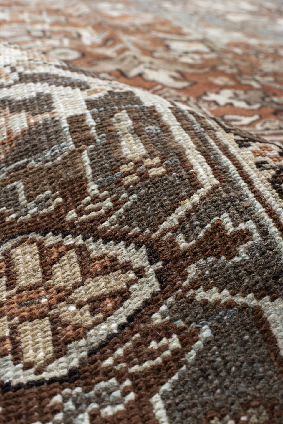 9' x 12' one-of-a-kind handmade vintage Heriz large size rug. Color palette: terra cotta, sky blue, ivory, charcoal, taupe