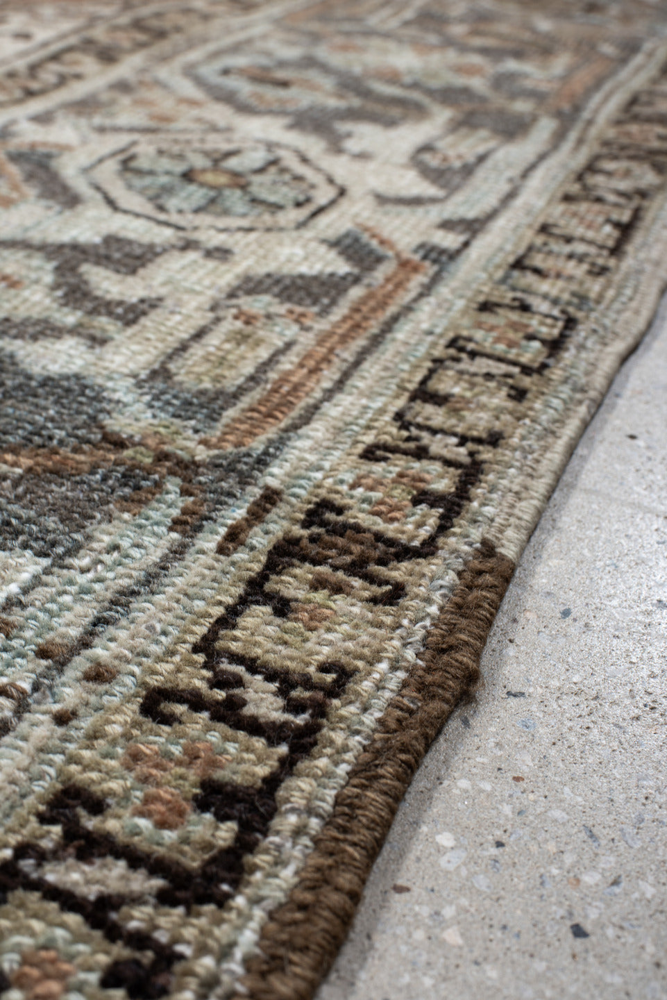 9' x 12' one-of-a-kind handmade vintage Heriz large size rug. Color palette: terra cotta, sky blue, ivory, charcoal, taupe