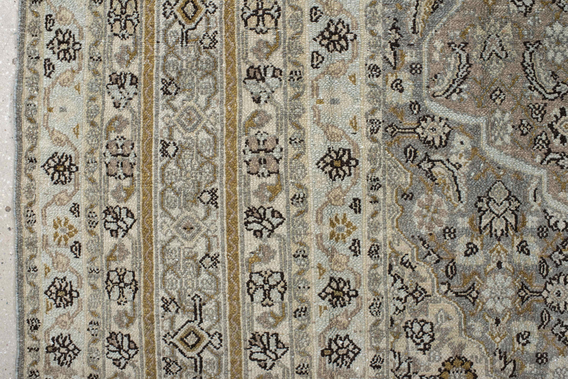10' x 12' one-of-a-kind handmade antique Bibikabad large size rug. Color palette: ivory, taupe, beige, brown, gold, gray