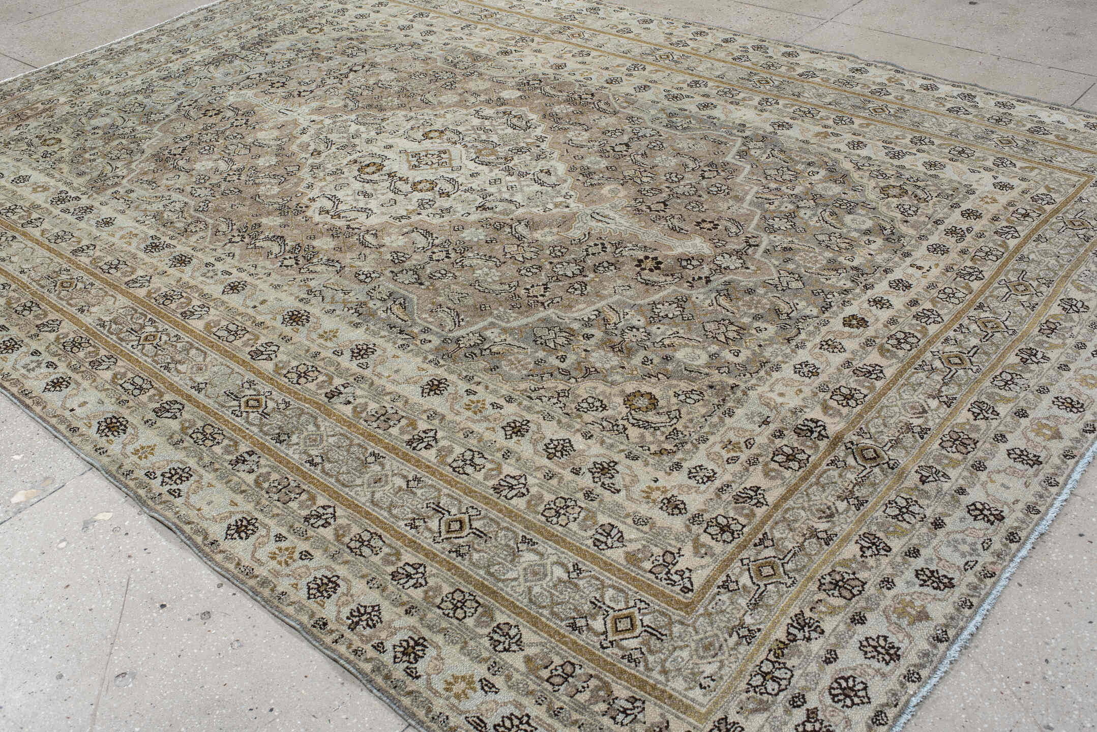 10' x 12' one-of-a-kind handmade antique Bibikabad large size rug. Color palette: ivory, taupe, beige, brown, gold, gray