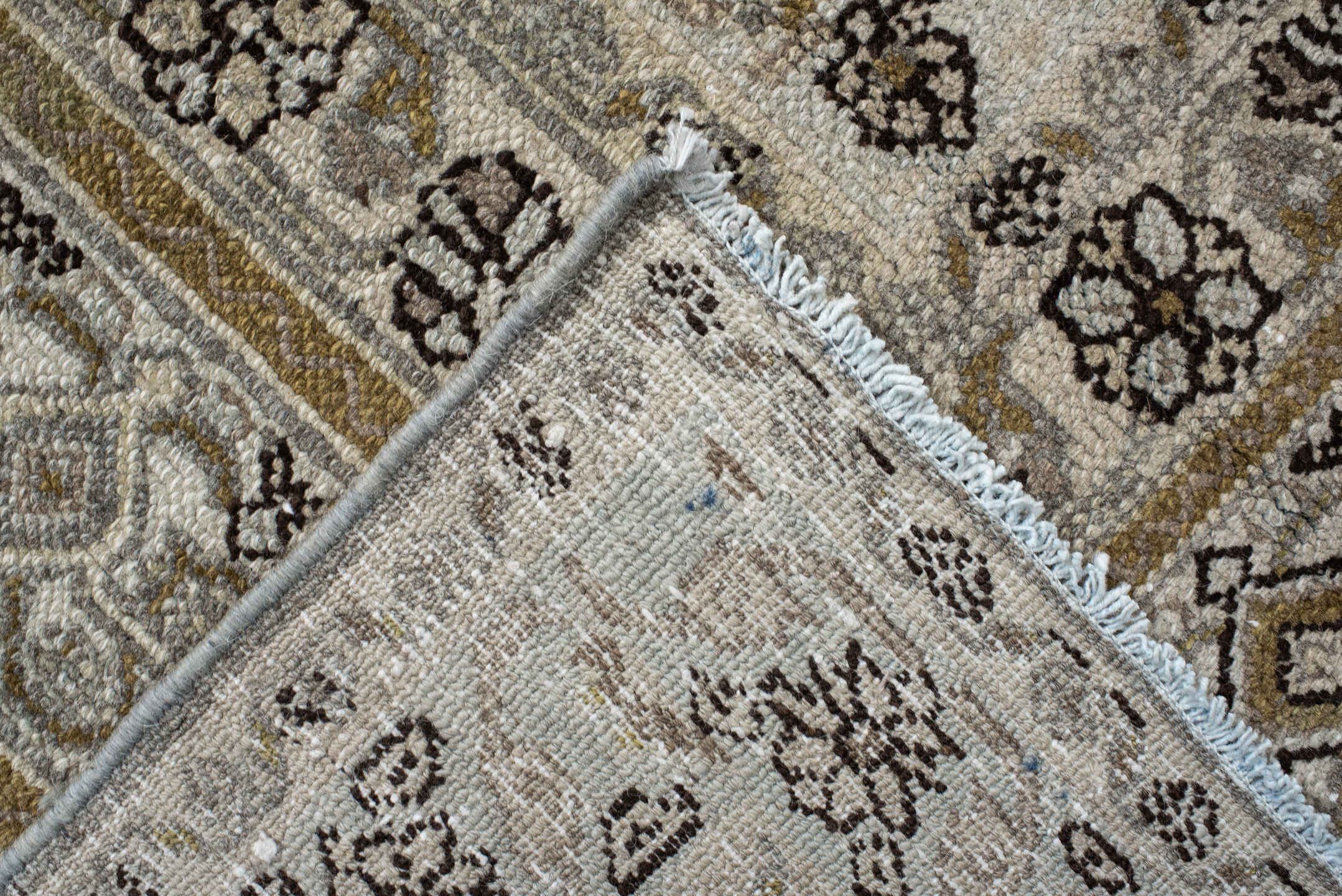 10' x 12' one-of-a-kind handmade antique Bibikabad large size rug. Color palette: ivory, taupe, beige, brown, gold, gray