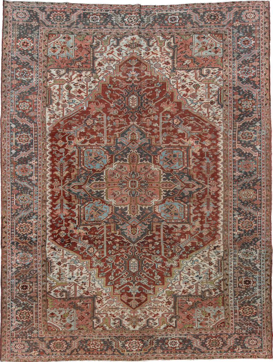 9' x 12' one-of-a-kind handmade vintage Heriz large size rug. Color palette: black, blue, brown, charcoal, gray, light gray