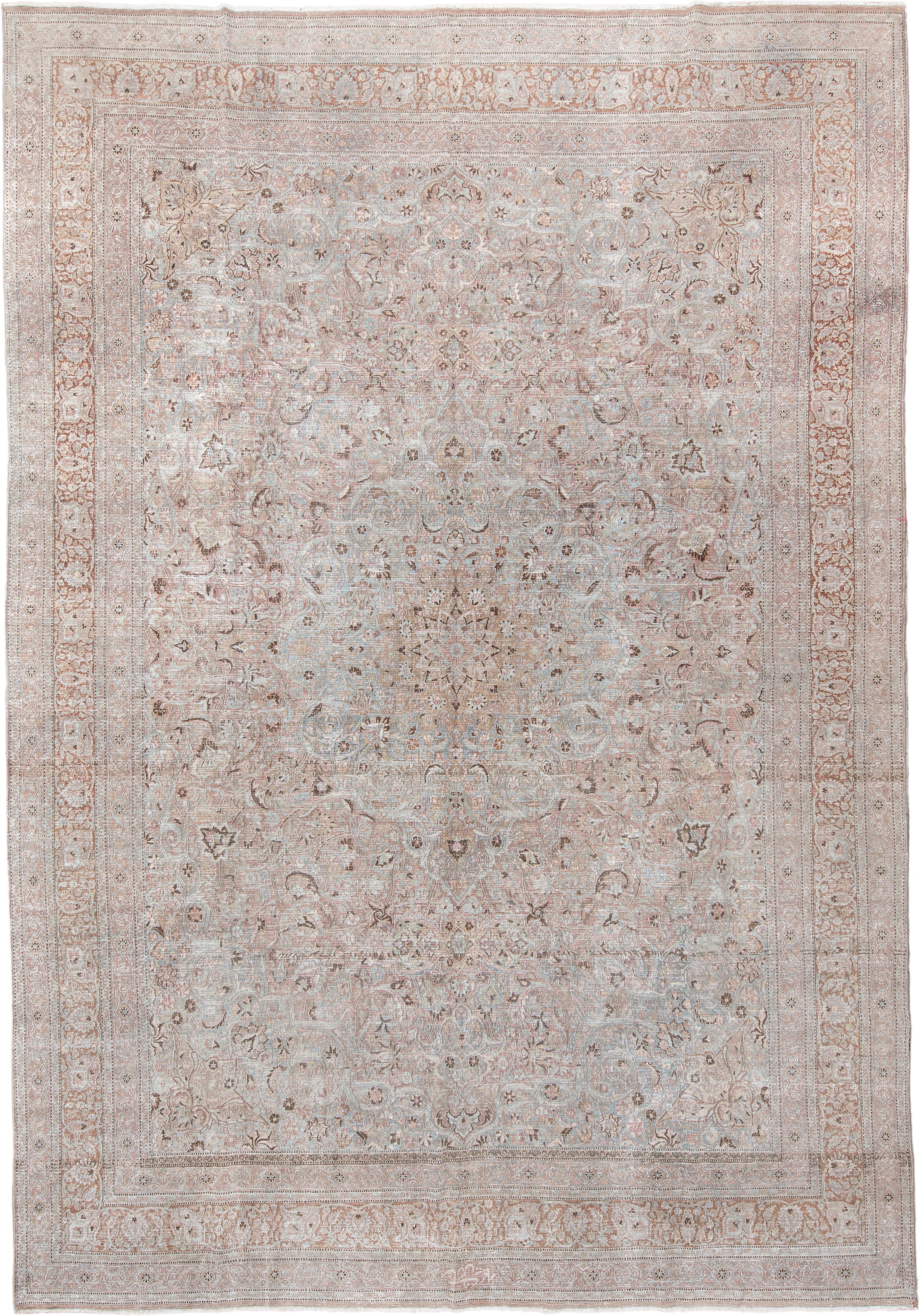 10' x 15' one-of-a-kind handmade vintage Khorassan rug. Color palette: ivory, blush, pale blue, taupe, camel, rose, beige