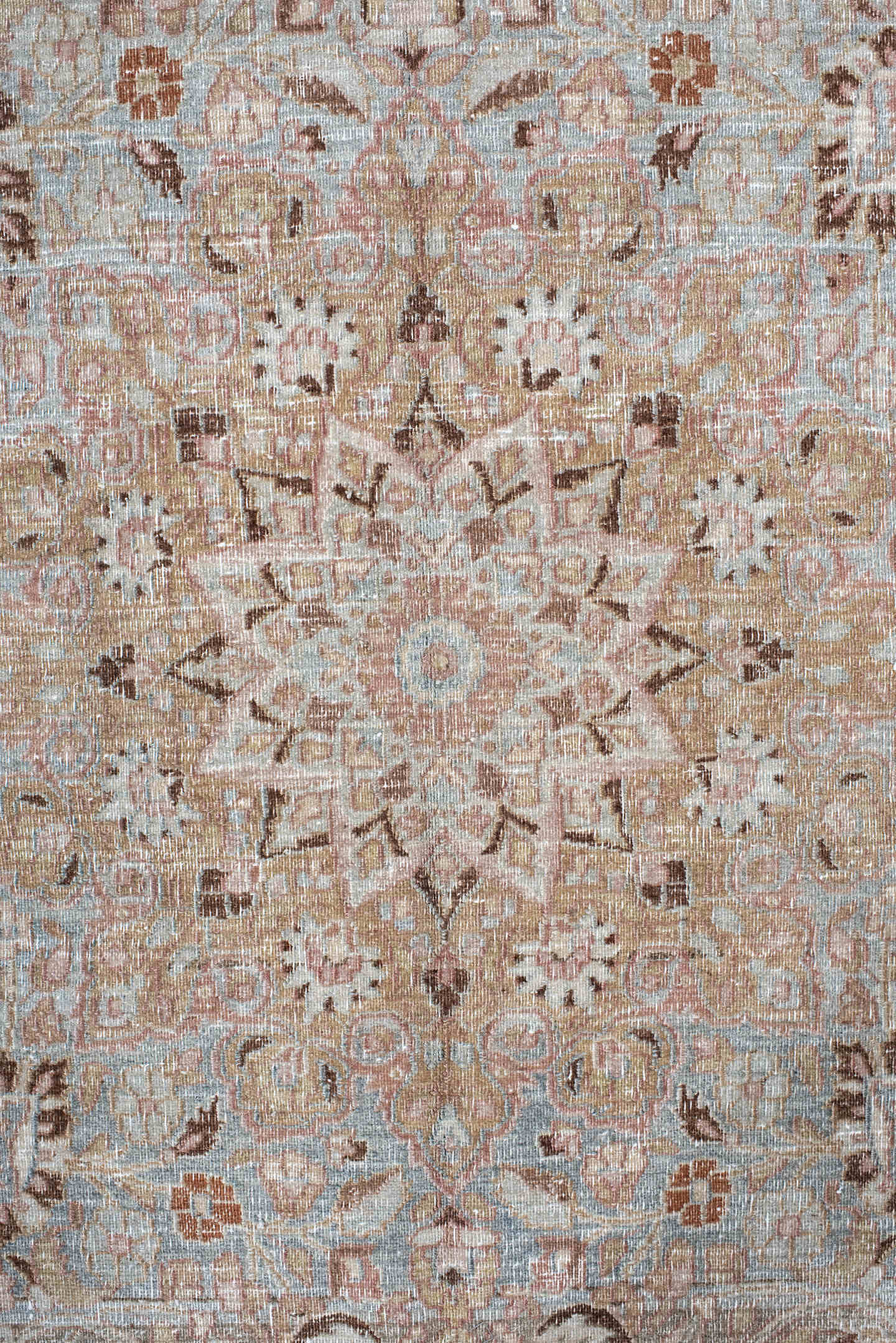 10' x 15' one-of-a-kind handmade vintage Khorassan rug. Color palette: ivory, blush, pale blue, taupe, camel, rose, beige