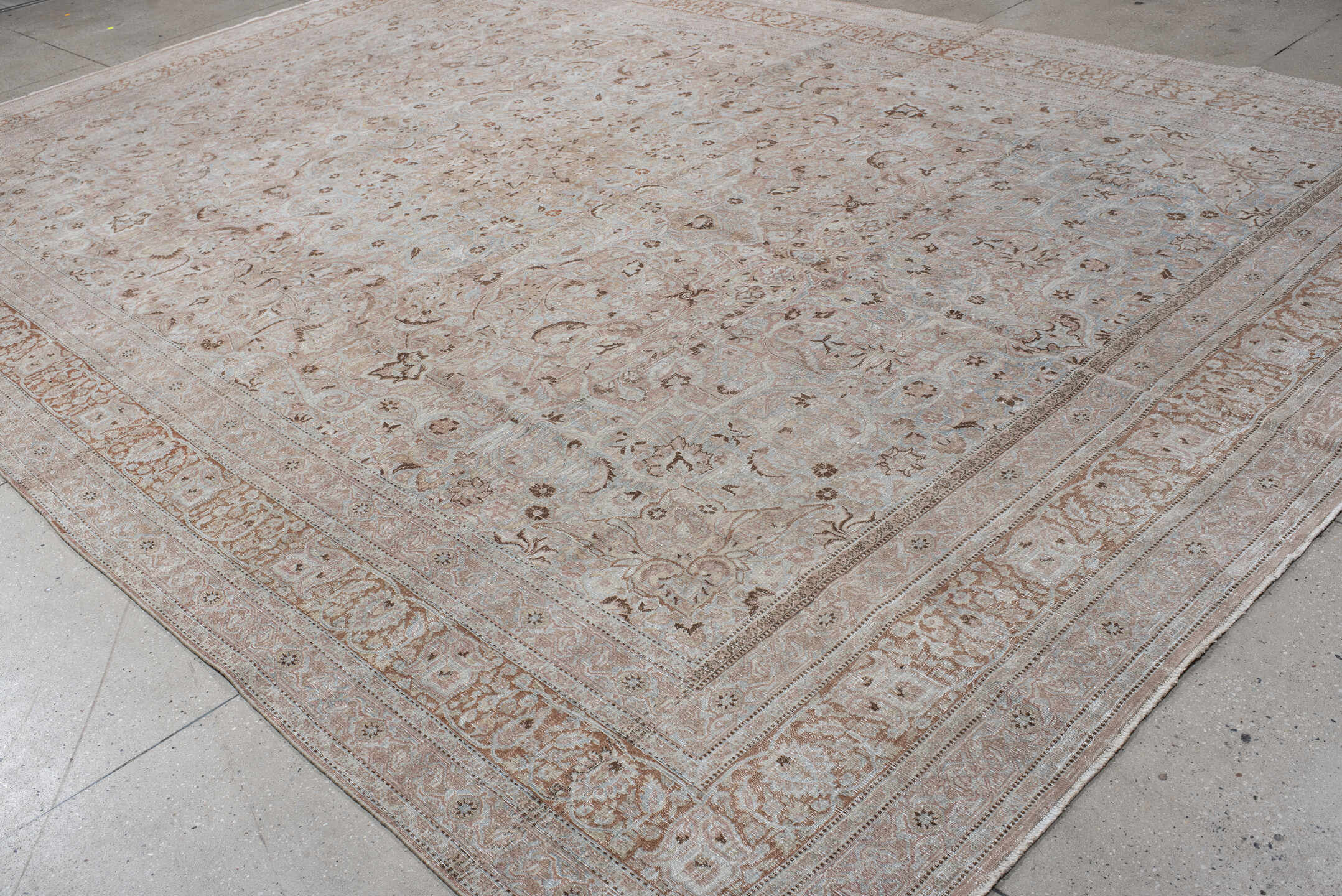 10' x 15' one-of-a-kind handmade vintage Khorassan rug. Color palette: ivory, blush, pale blue, taupe, camel, rose, beige
