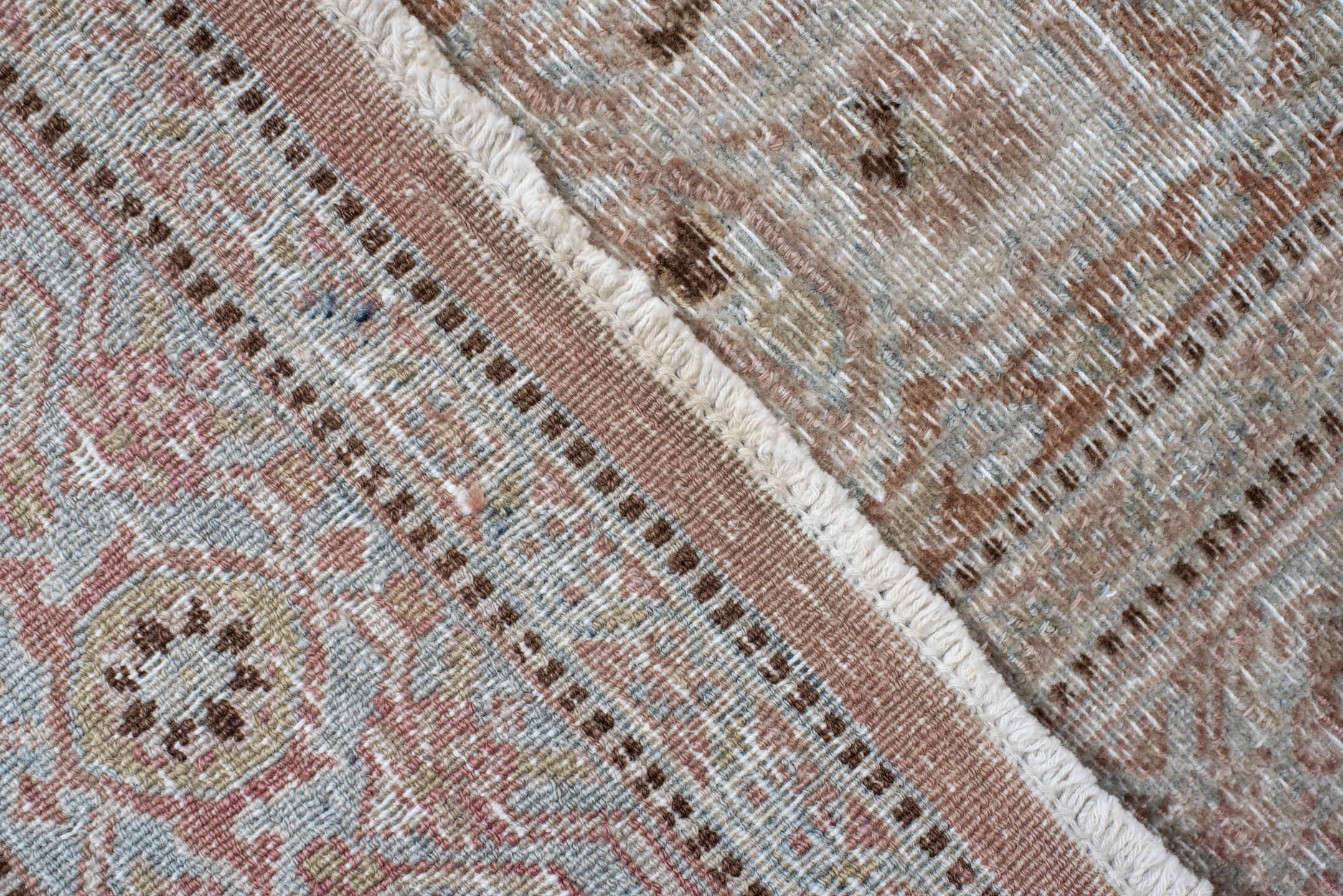 10' x 15' one-of-a-kind handmade vintage Khorassan rug. Color palette: ivory, blush, pale blue, taupe, camel, rose, beige