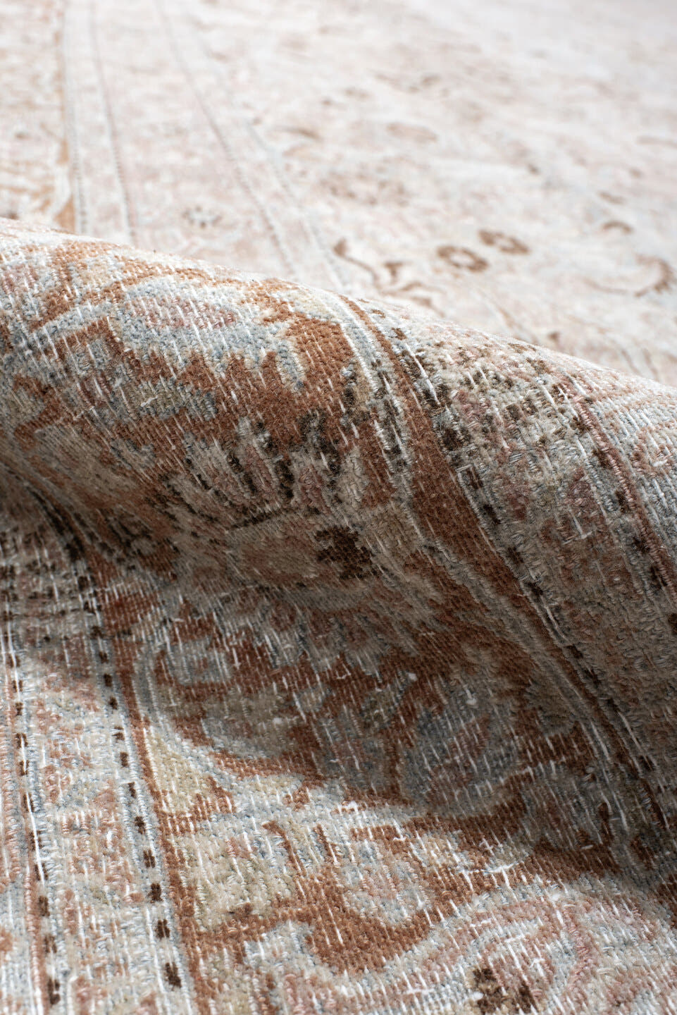 10' x 15' one-of-a-kind handmade vintage Khorassan rug. Color palette: ivory, blush, pale blue, taupe, camel, rose, beige