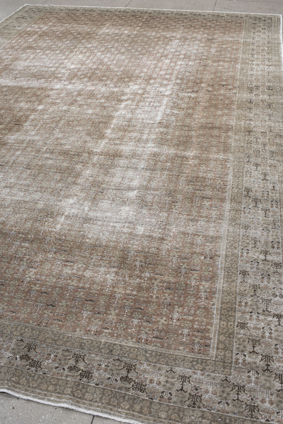 8' x 13' one-of-a-kind handmade vintage Sivas large size rug. Color palette: taupe, beige, ivory, camel, rose, charcoal