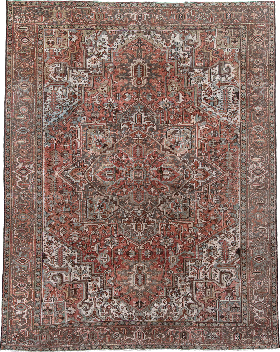9' x 12' one-of-a-kind handmade vintage Heriz large size rug. Color palette: black, brown, charcoal, dark gray, gray