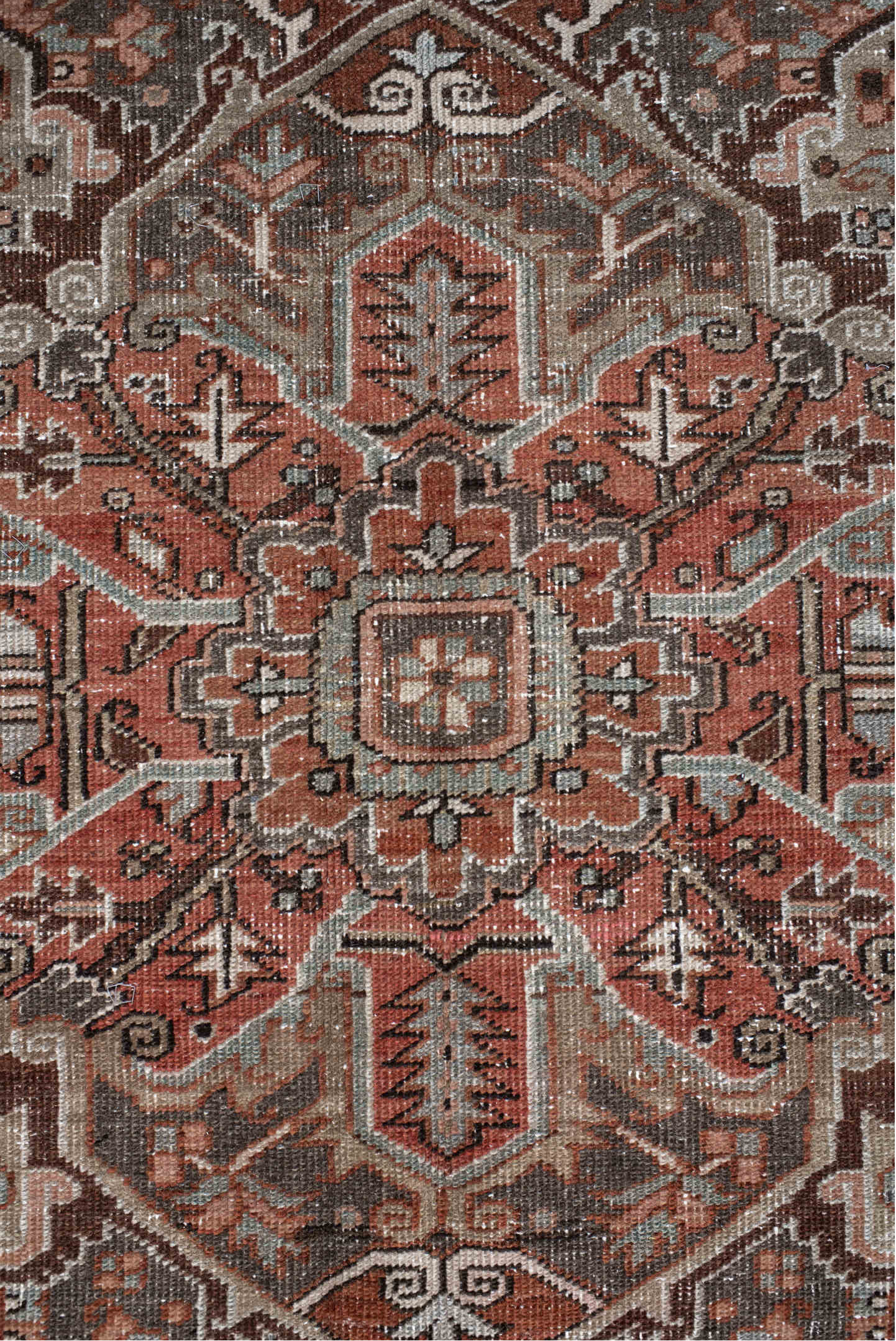 9' x 12' one-of-a-kind handmade vintage Heriz large size rug. Color palette: black, brown, charcoal, dark gray, gray