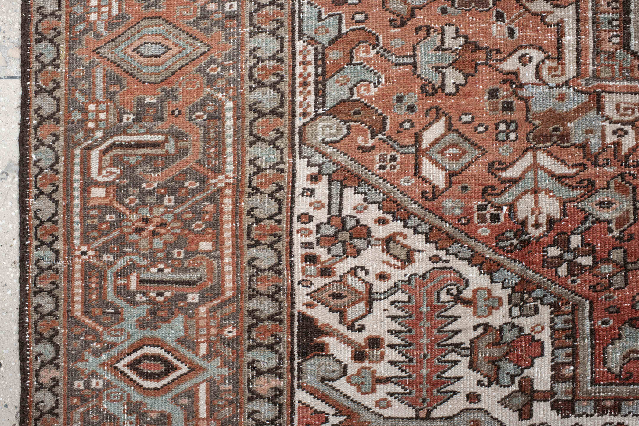 9' x 12' one-of-a-kind handmade antique Heriz large size rug. Color palette: rust, ivory, charcoal, taupe, terra cotta