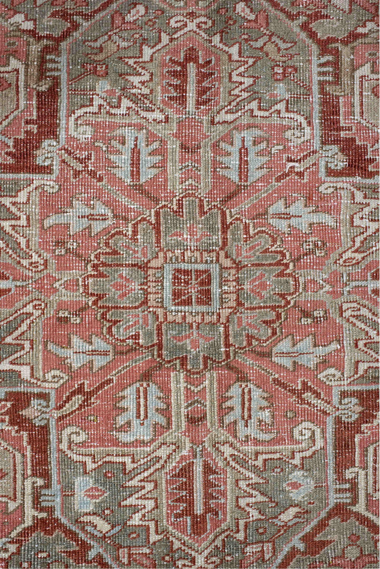9' x 13' one-of-a-kind handmade vintage Heriz large size rug. Color palette: brown, gray, light gray, off-white, pink, red