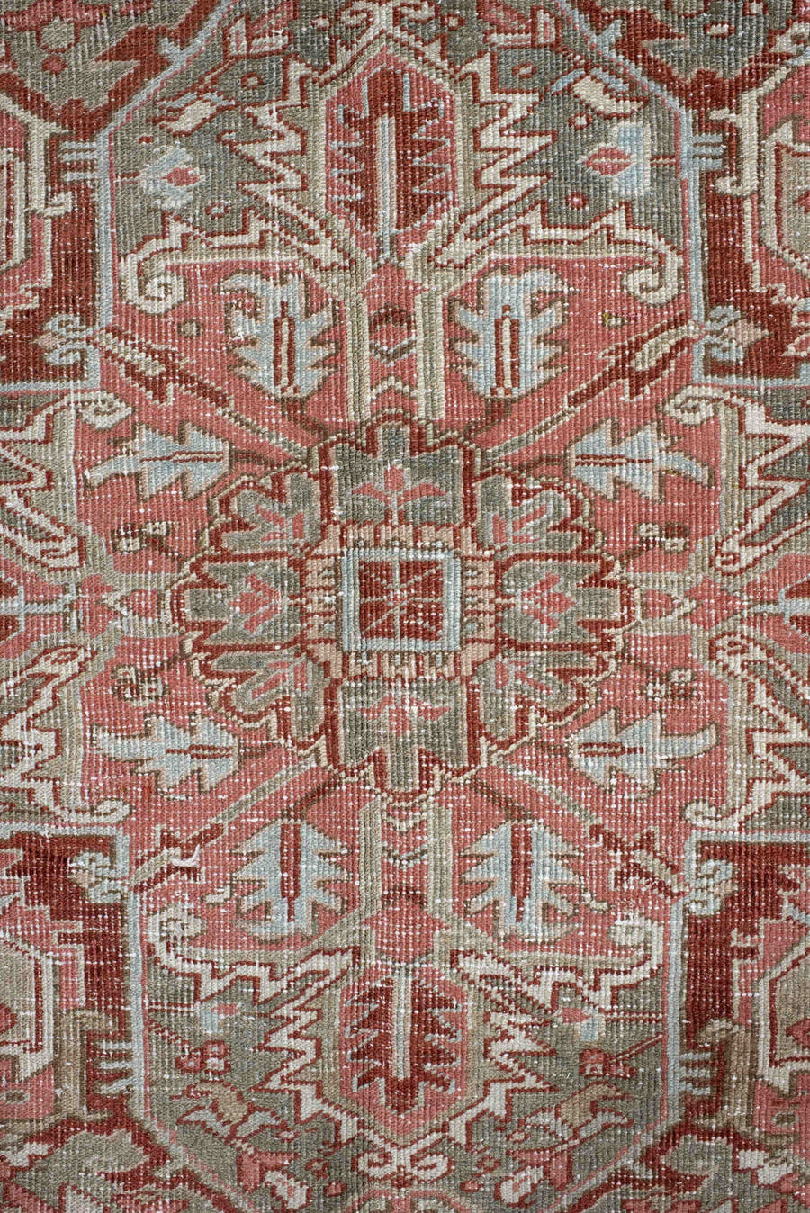 9' x 13' one-of-a-kind handmade vintage Heriz large size rug. Color palette: rust, sage, ivory, taupe, rose, brown
