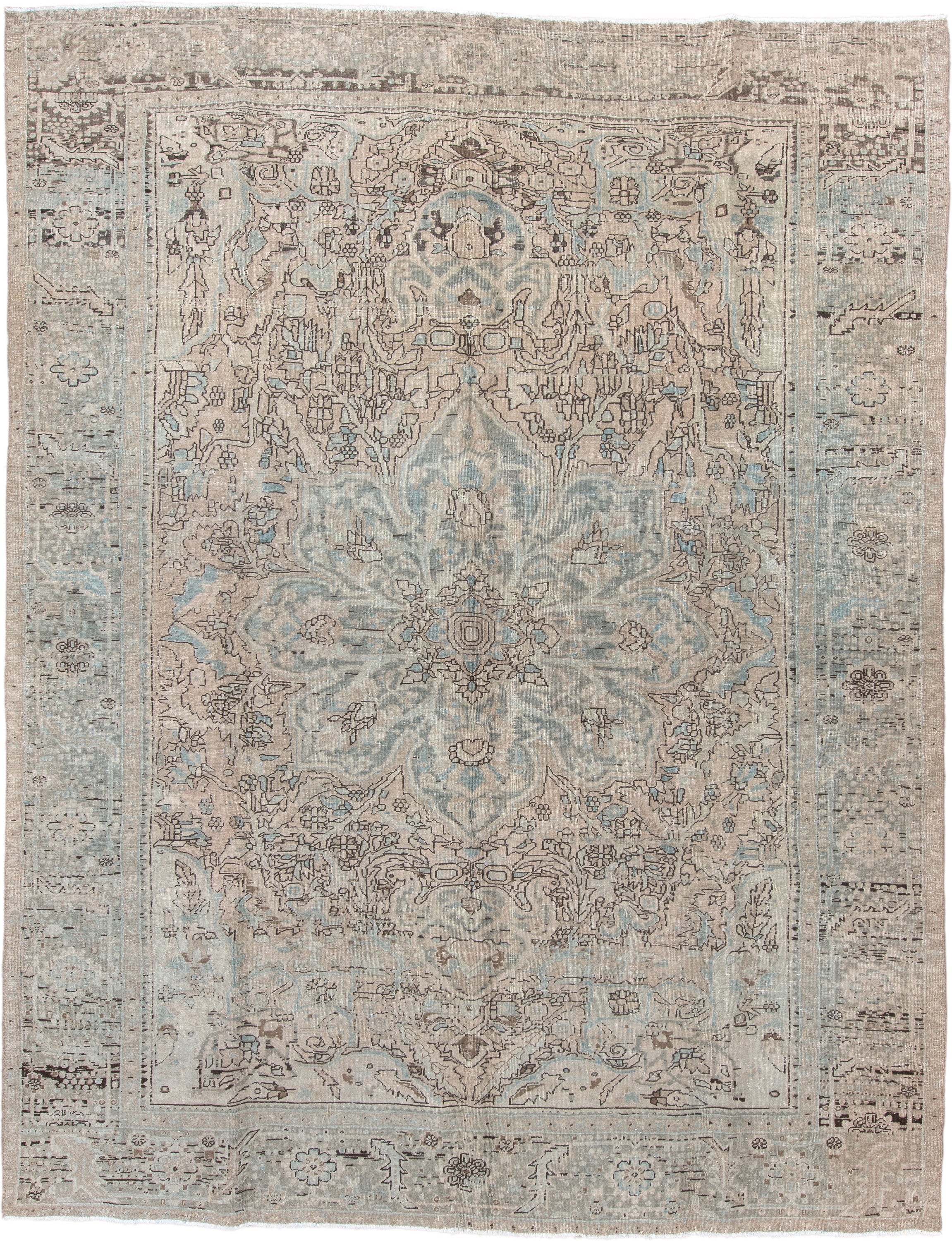 10' x 13' one-of-a-kind handmade antique Heriz large size rug. Color palette: ivory, pale blue, taupe, beige, charcoal