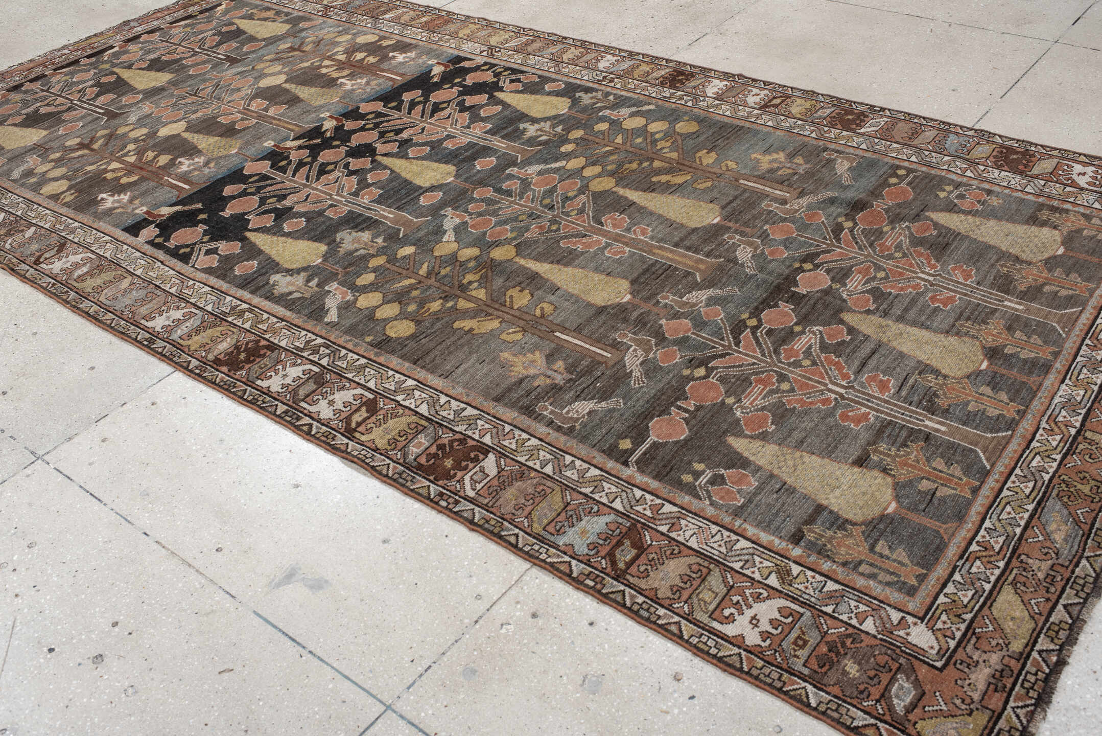 6' x 12' one-of-a-kind handmade vintage Baktiary large size rug. Color palette: gray, brown, pink, off-white, light gray
