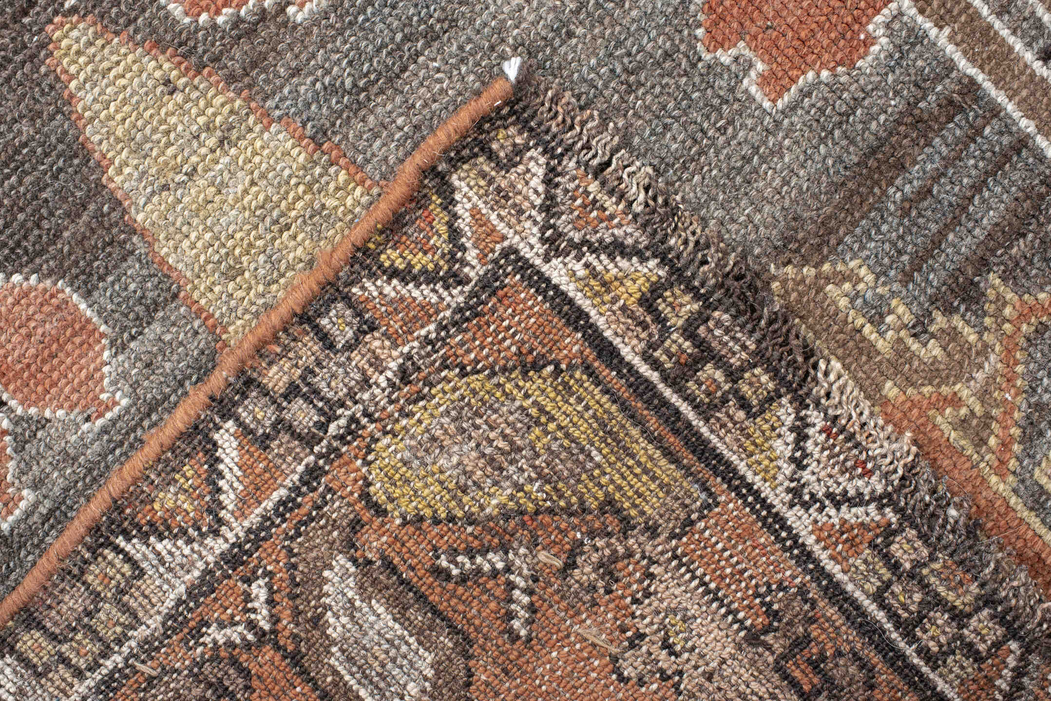 6' x 12' one-of-a-kind handmade vintage Baktiary large size rug. Color palette: gray, brown, pink, off-white, light gray