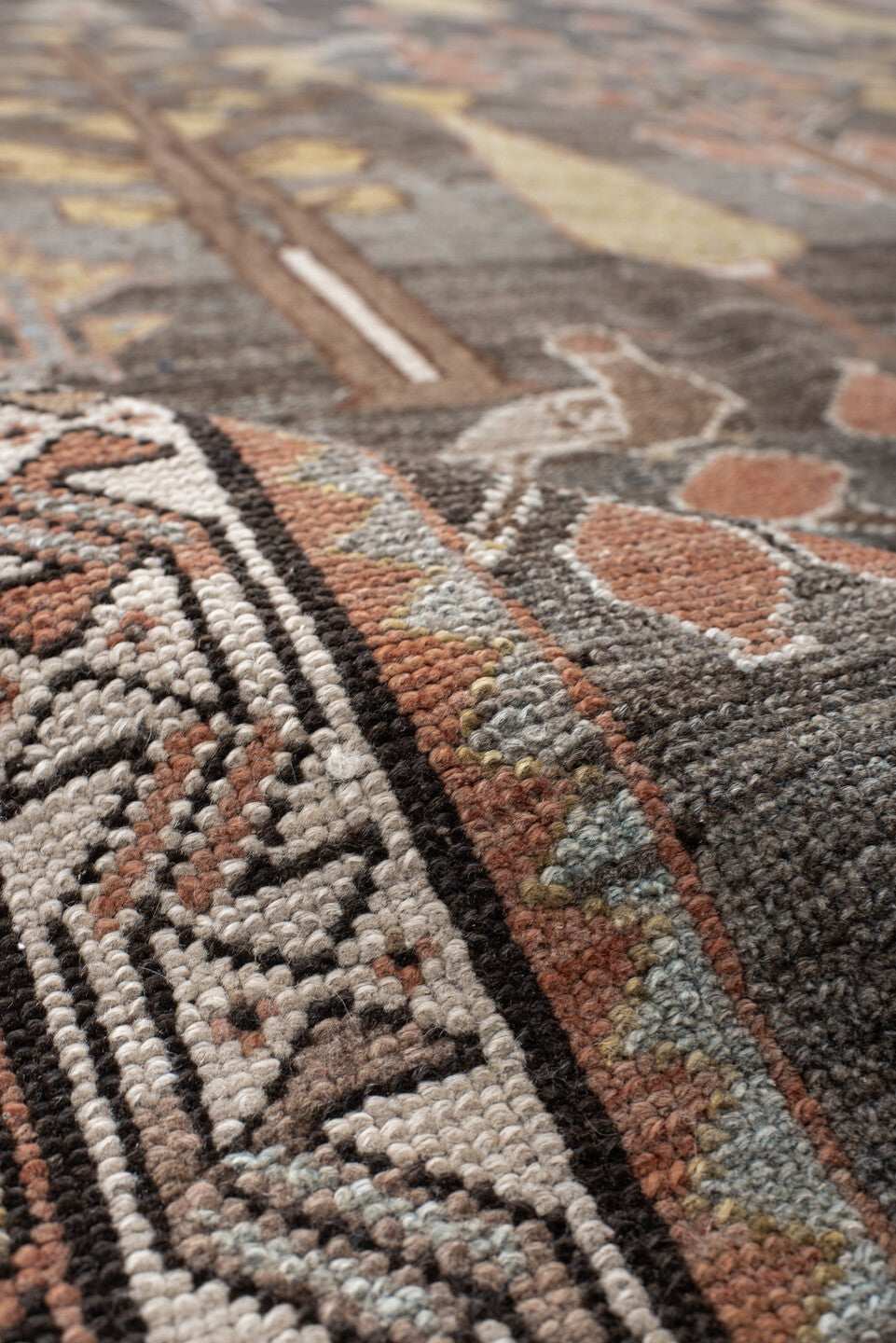 6' x 12' one-of-a-kind handmade vintage Baktiary large size rug. Color palette: gray, brown, pink, off-white, light gray