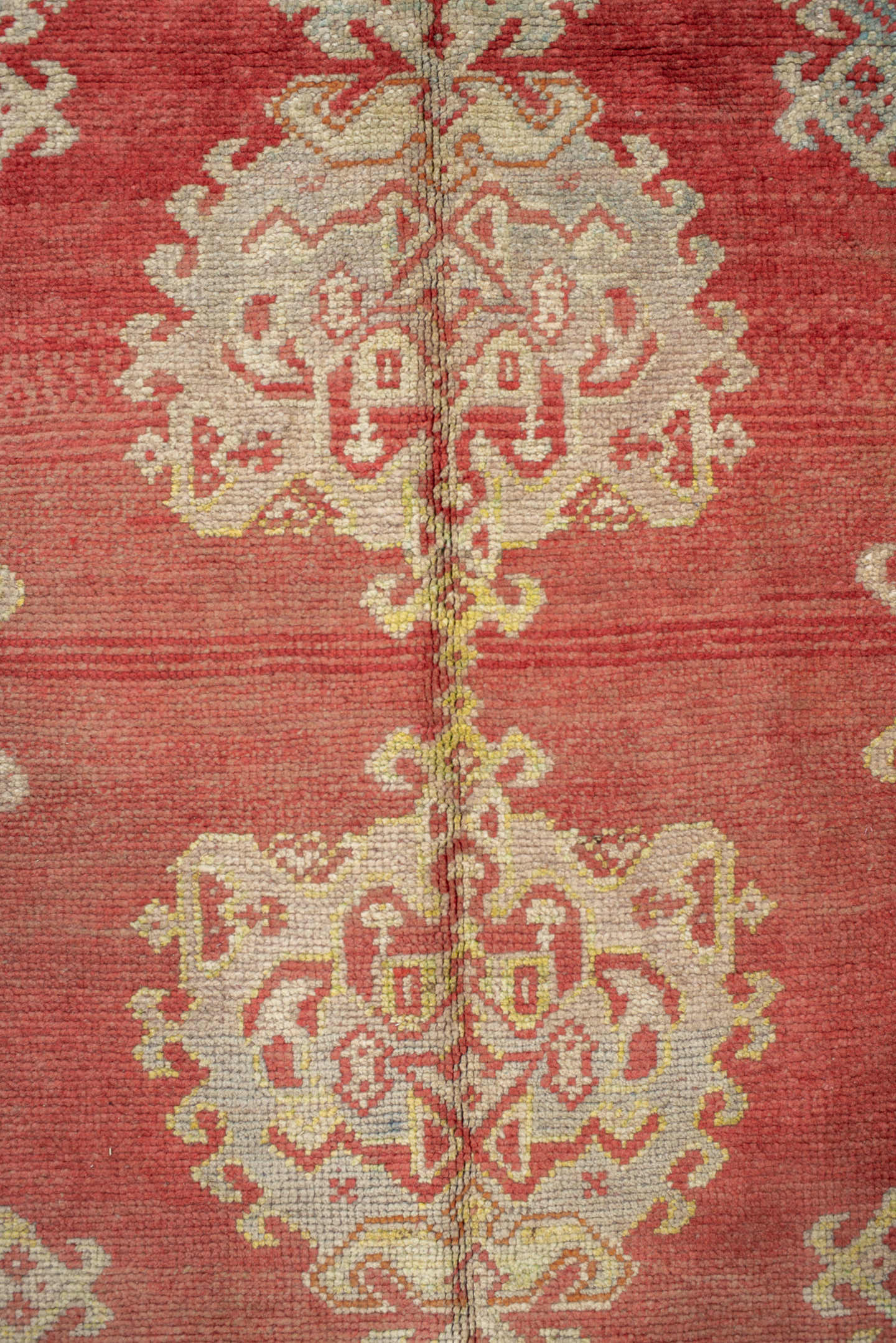 9' x 9' one-of-a-kind handmade antique Oushak rug. Color palette: terra cotta, ivory, rose, salmon, beige, sage, terracotta