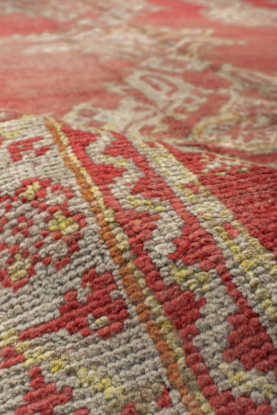 9' x 9' one-of-a-kind handmade antique Oushak rug. Color palette: terra cotta, ivory, rose, salmon, beige, sage, terracotta