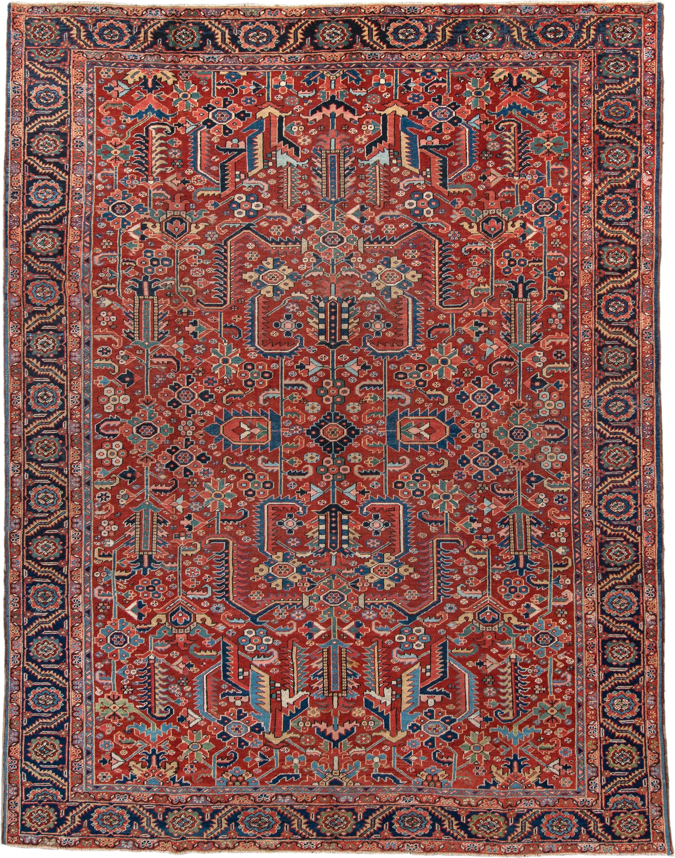 9' x 12' one-of-a-kind handmade antique Heriz large size rug. Color palette: rust, navy, ivory, sky_blue, coral, sage, camel