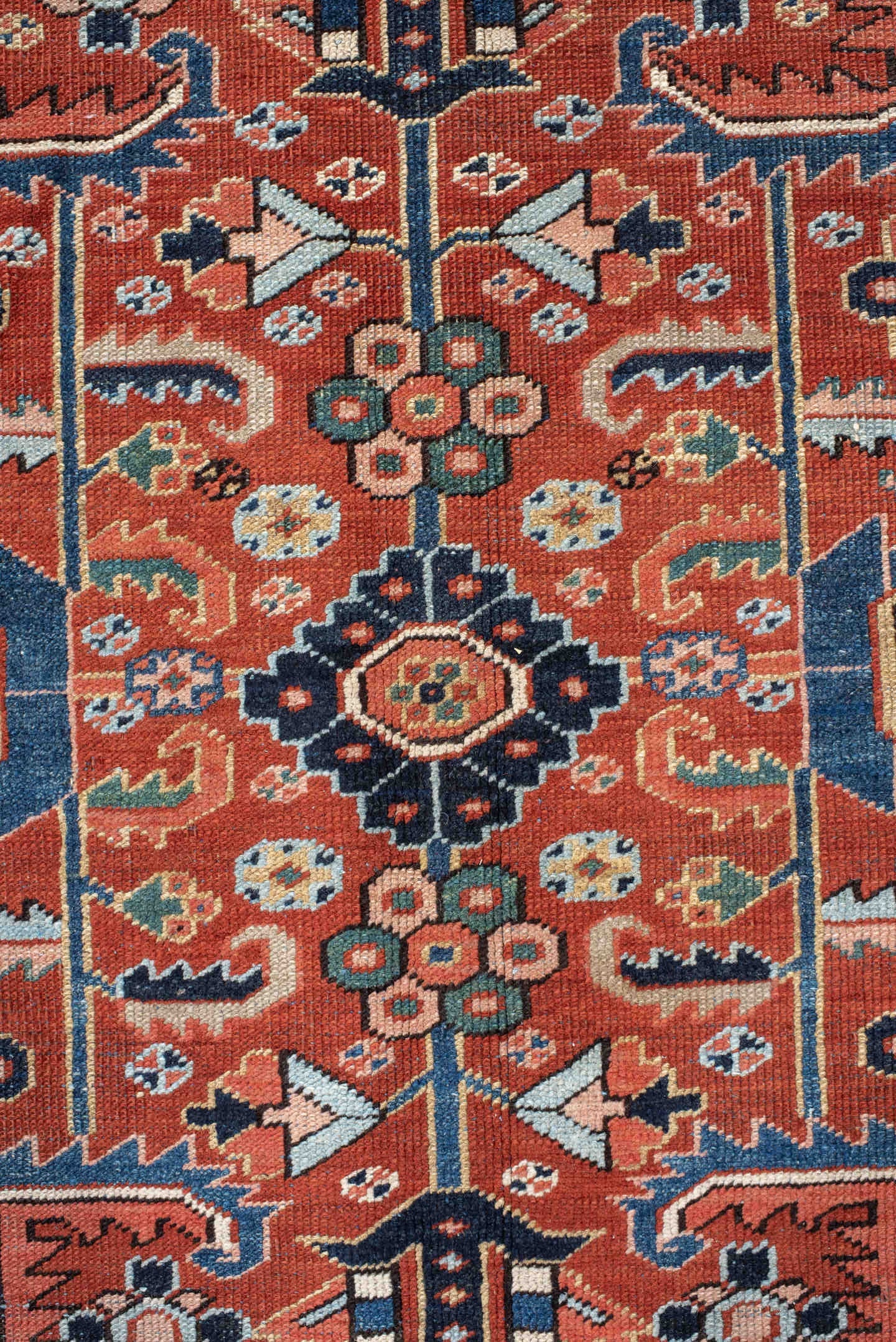 9' x 12' one-of-a-kind handmade antique Heriz large size rug. Color palette: rust, navy, ivory, sky_blue, coral, sage, camel