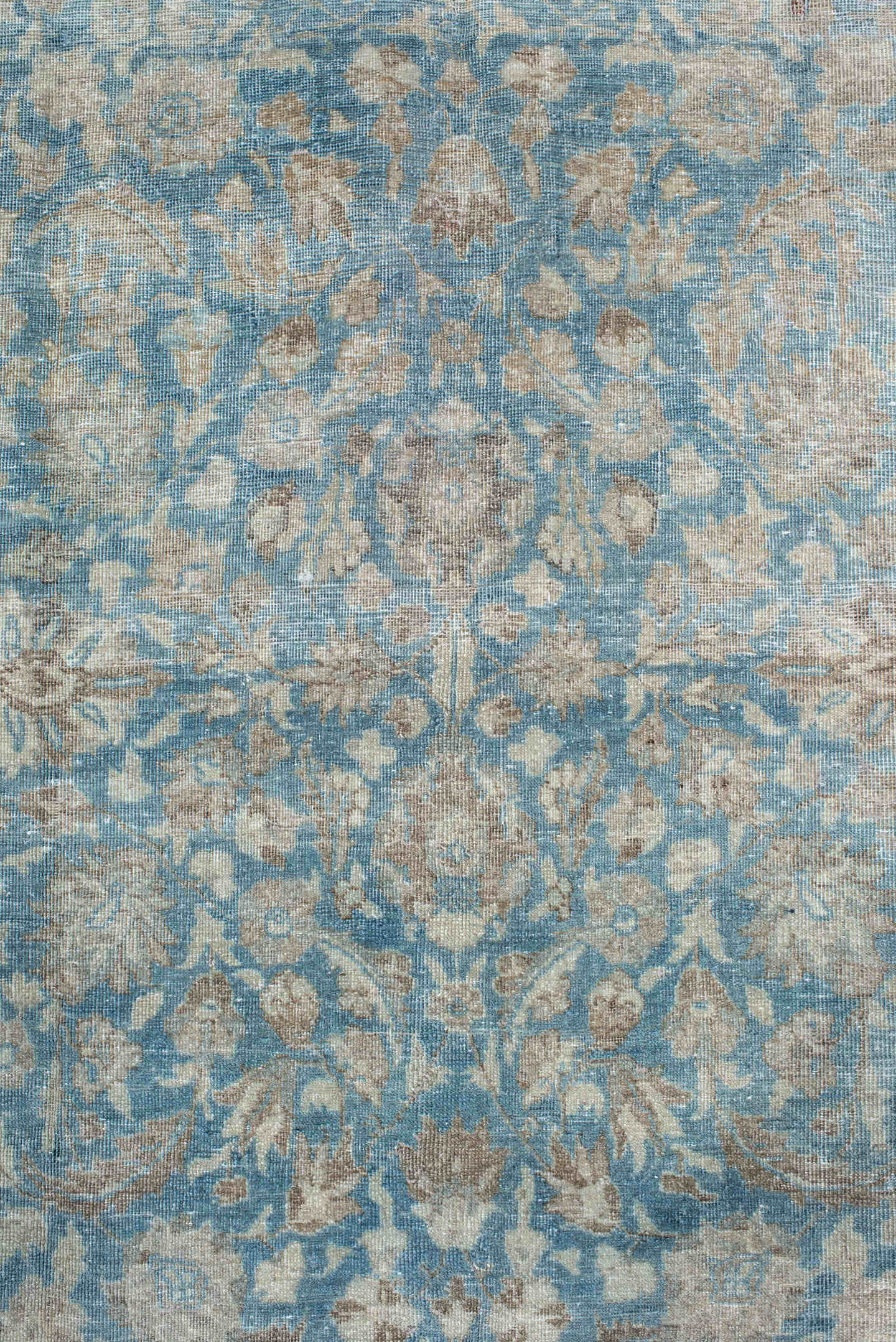 6' x 9' one-of-a-kind handmade antique Tabriz medium size rug. Color palette: ivory, sky blue, beige, taupe, camel