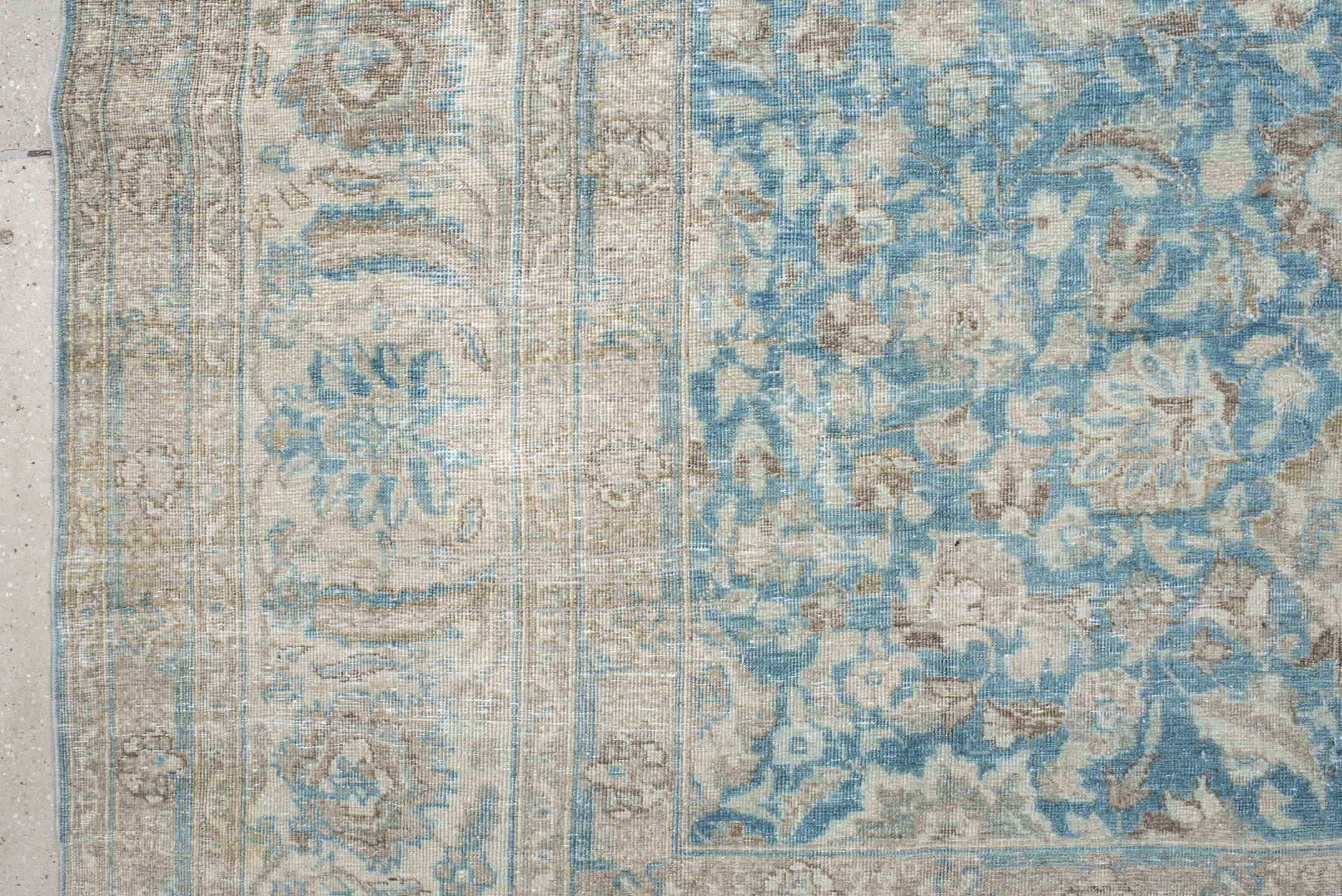 6' x 9' one-of-a-kind handmade antique Tabriz medium size rug. Color palette: ivory, sky blue, beige, taupe, camel