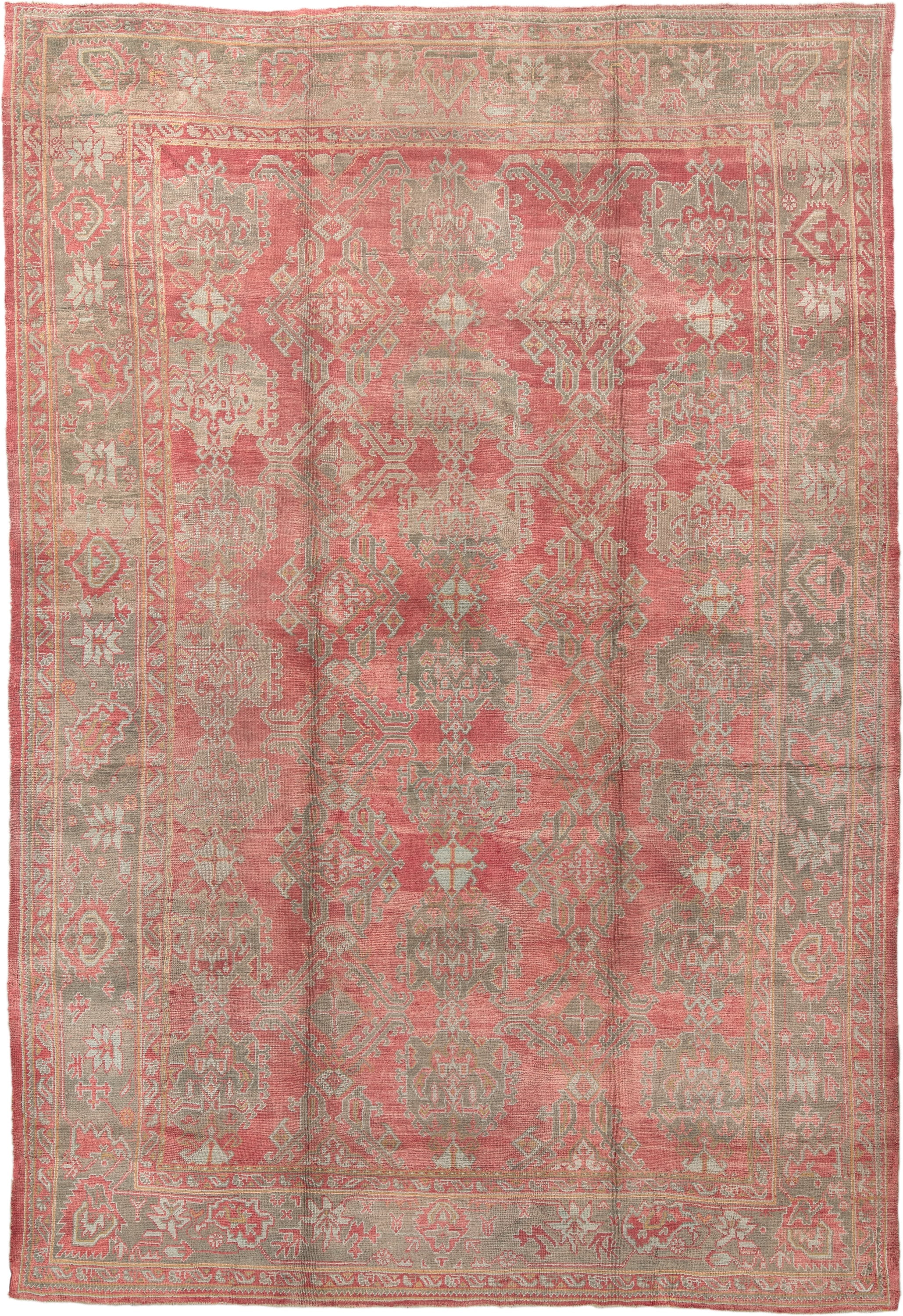 11' x 17' one-of-a-kind handmade vintage Oushak oversize rug. Color palette: coral, taupe, sage, ivory, rose, terracotta