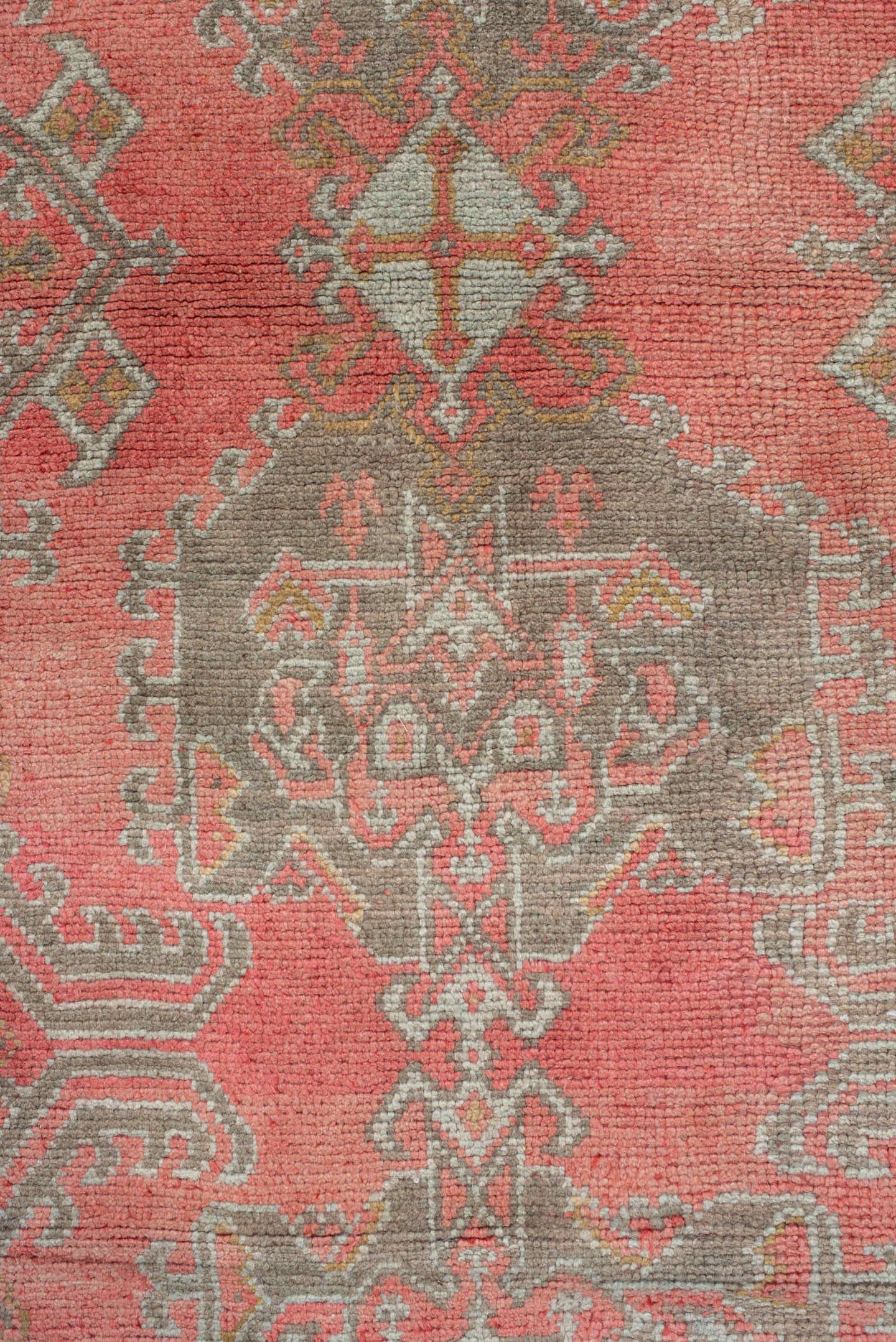11' x 17' one-of-a-kind handmade vintage Oushak oversize rug. Color palette: coral, taupe, sage, ivory, rose, terracotta