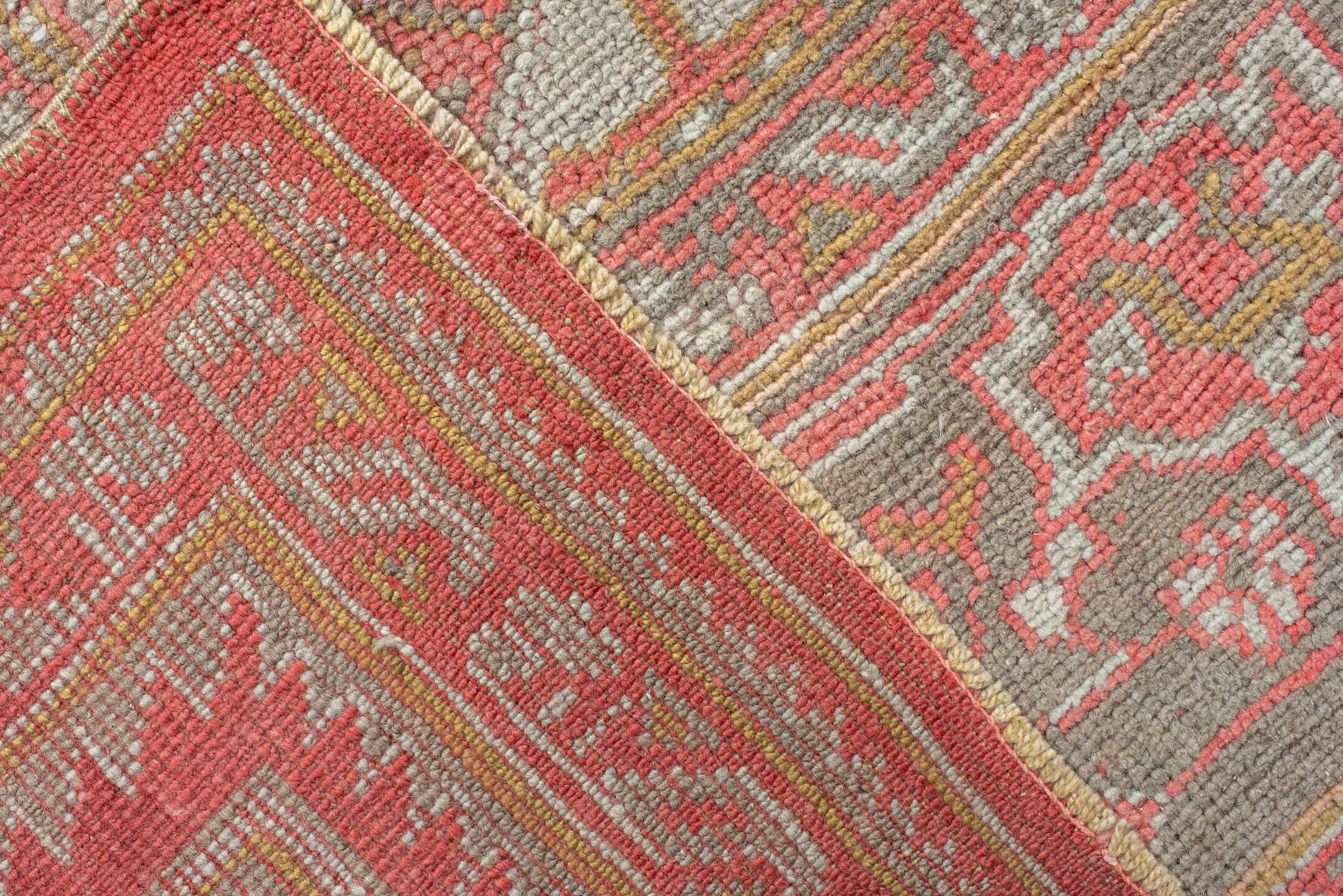 11' x 17' one-of-a-kind handmade vintage Oushak oversize rug. Color palette: coral, taupe, sage, ivory, rose, terracotta