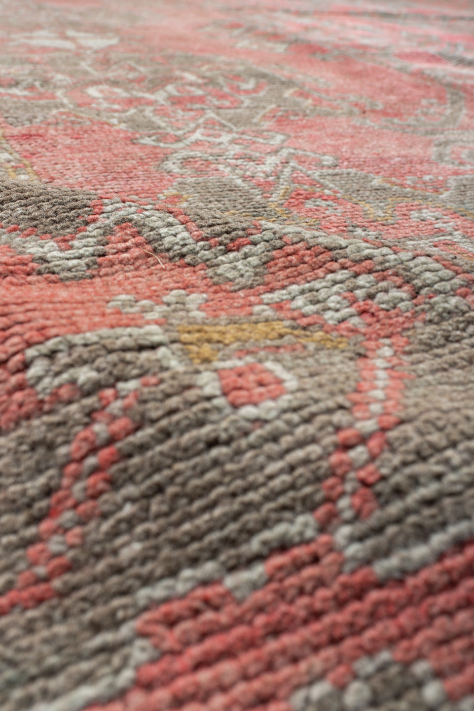 11' x 17' one-of-a-kind handmade vintage Oushak oversize rug. Color palette: coral, taupe, sage, ivory, rose, terracotta