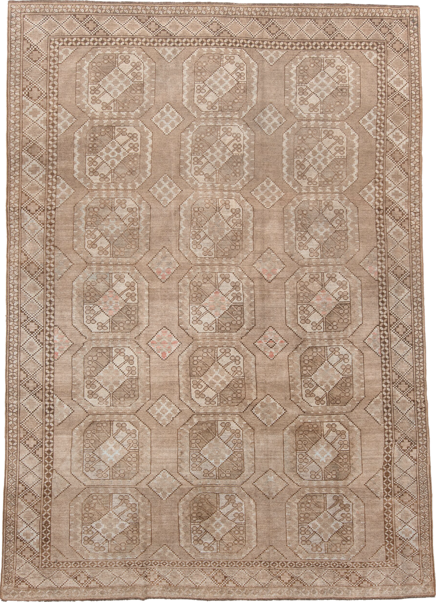 7' x 10' one-of-a-kind handmade vintage Afghan large size rug. Color palette: brown, gray, light gray, off-white, orange