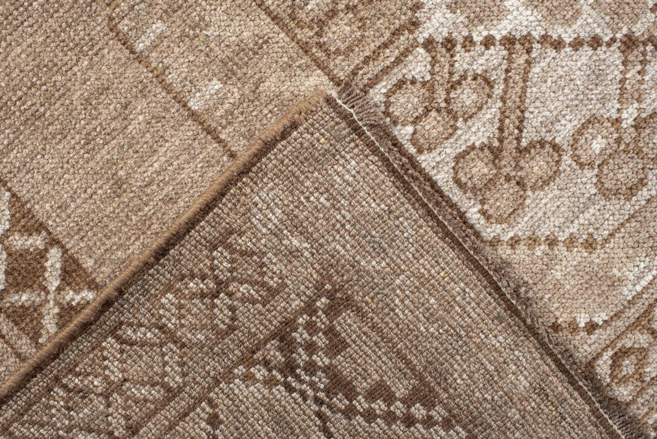 7' x 10' one-of-a-kind handmade antique Afghan large size rug. Color palette: camel, taupe, ivory, beige, blush, brown, gray