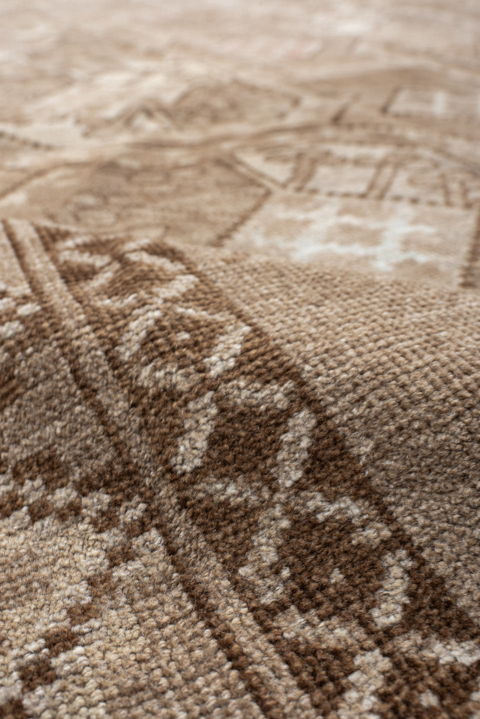 7' x 10' one-of-a-kind handmade antique Afghan large size rug. Color palette: camel, taupe, ivory, beige, blush, brown, gray